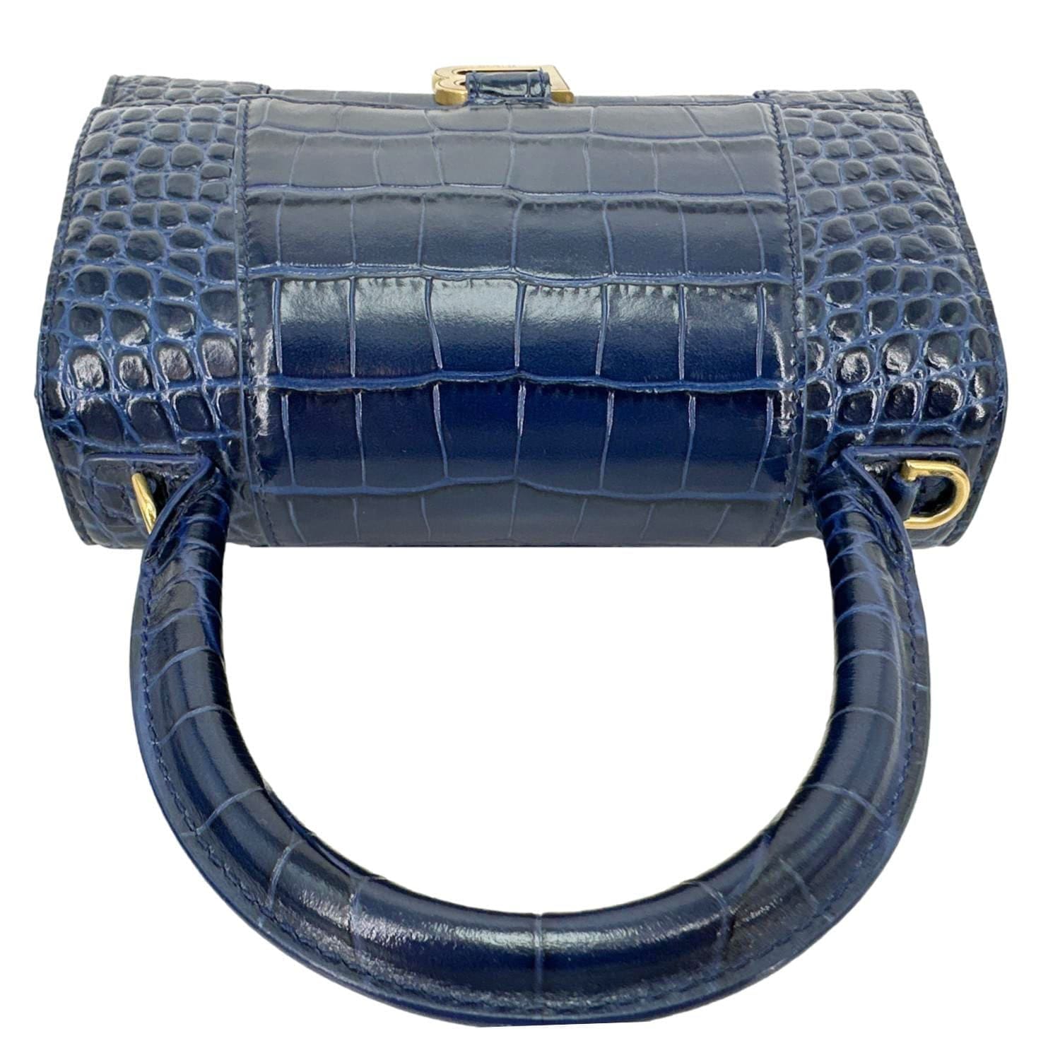 BALENCIAGA Hourglass Small Crocodile Embossed Top Handle Shoulder Bag Blue