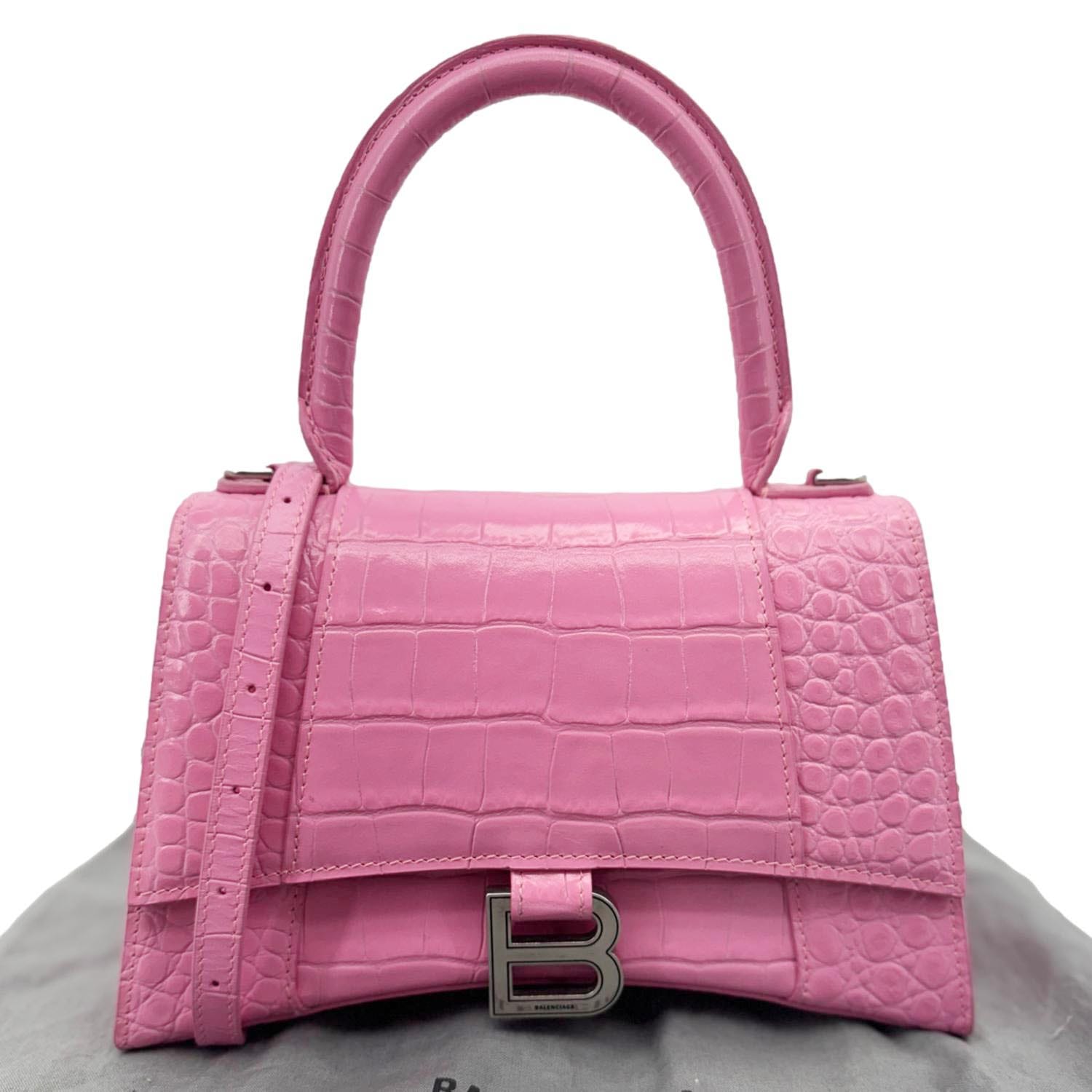 BALENCIAGA Hourglass Crocodile Embossed Leather Top Handle Shoulder Bag Pink