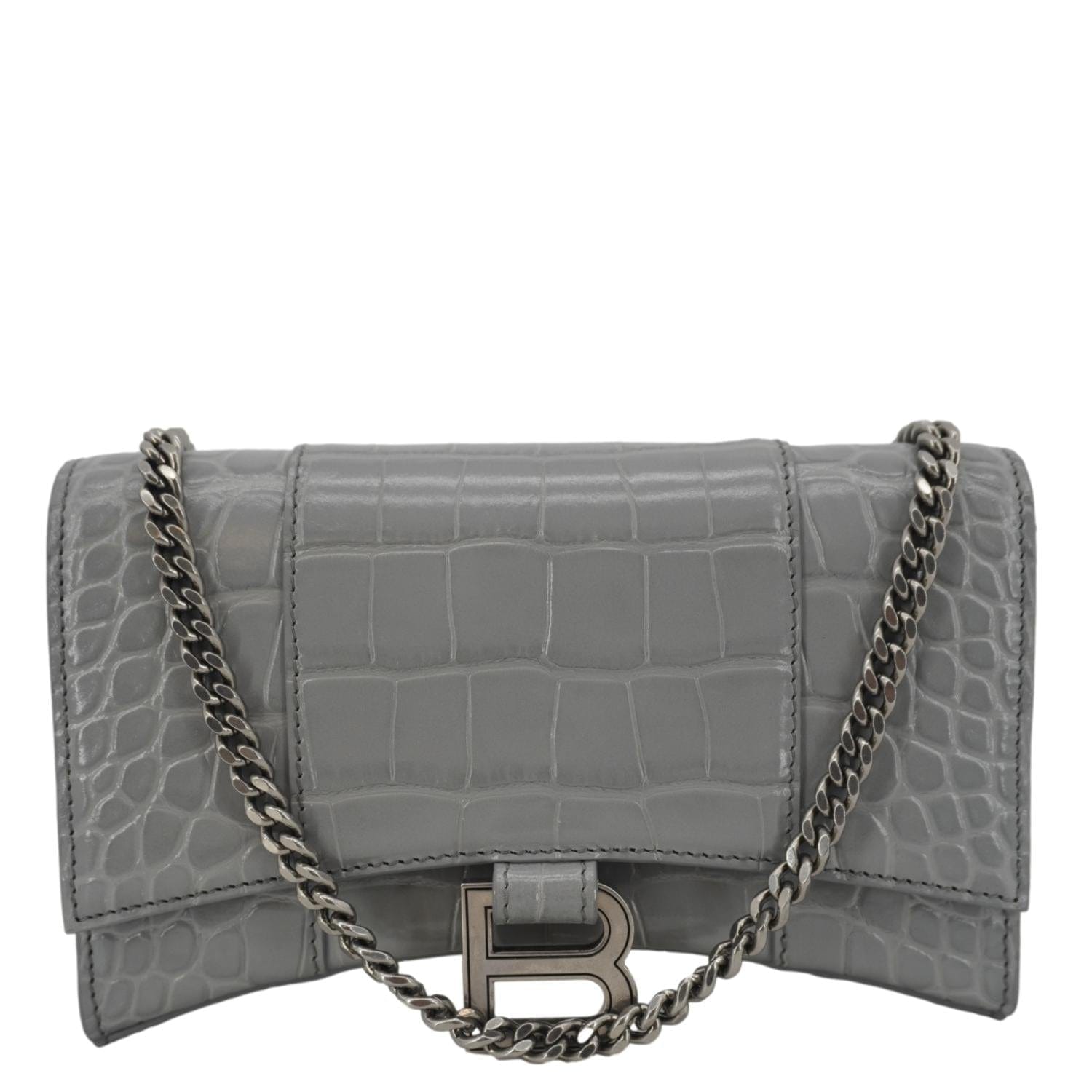 BALENCIAGA Hourglass Leather Chain Wallet Shoulder Bag Gray
