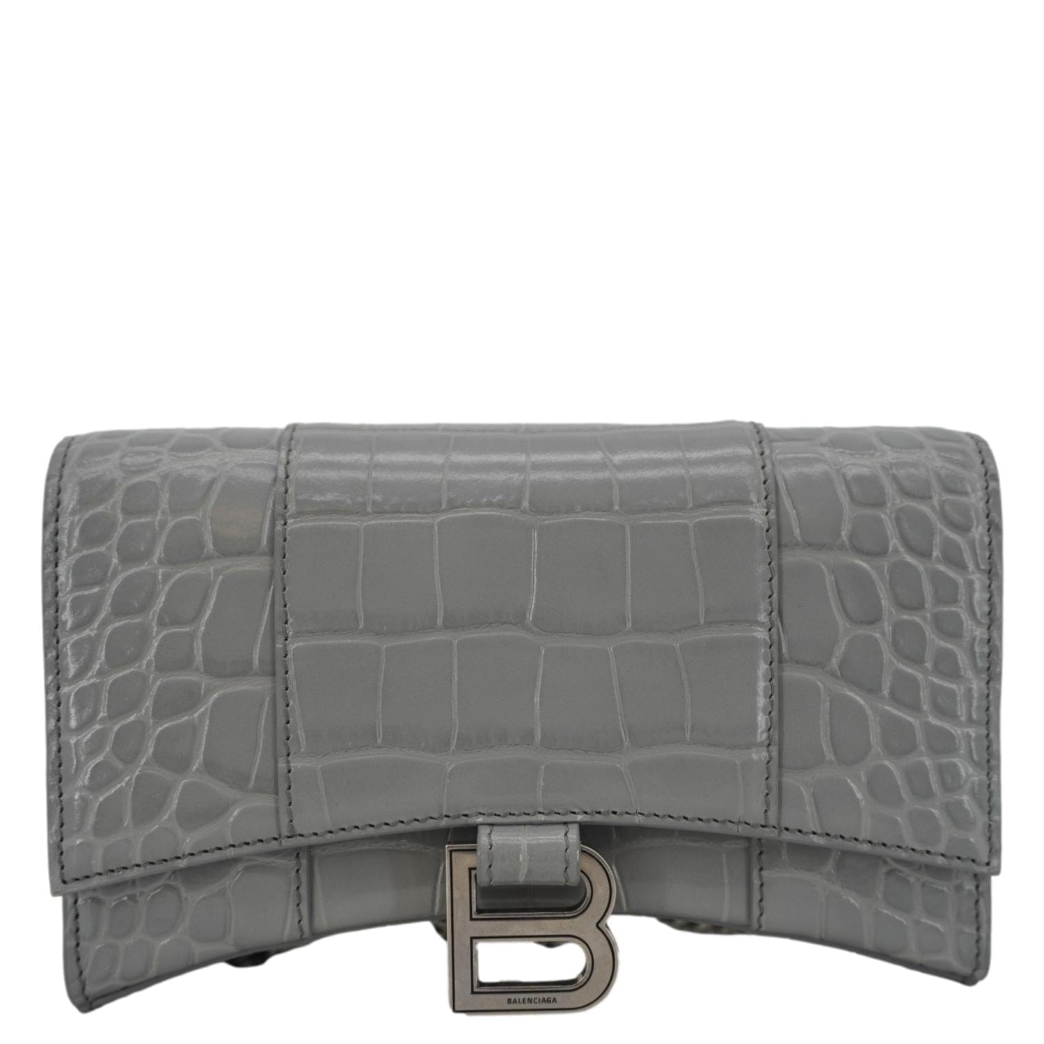 BALENCIAGA Hourglass Leather Chain Wallet Shoulder Bag Gray