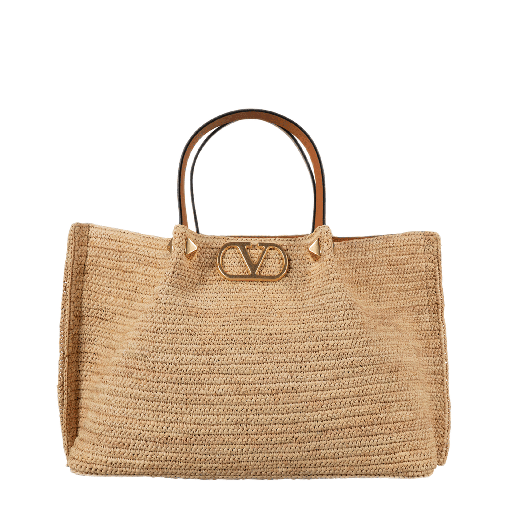 Valentino Medium Straw Tote - Saddle Brown/Natural/Rouge Pur