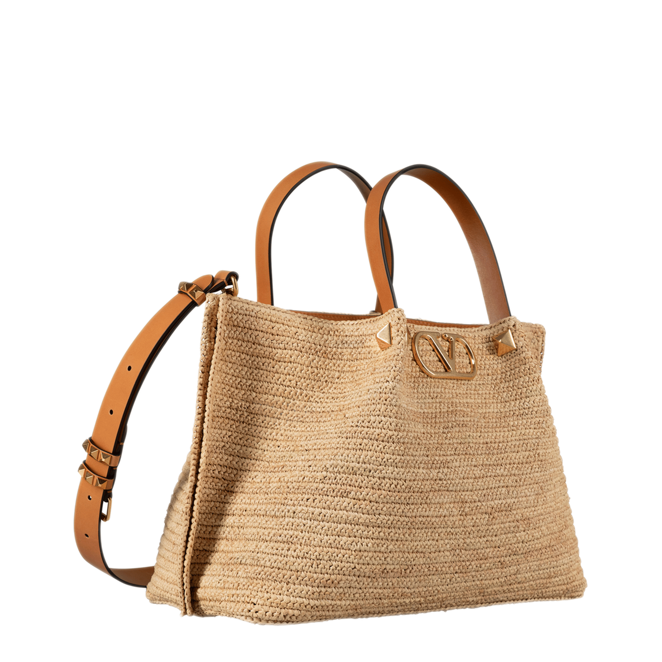 Valentino Medium Straw Tote - Saddle Brown/Natural/Rouge Pur