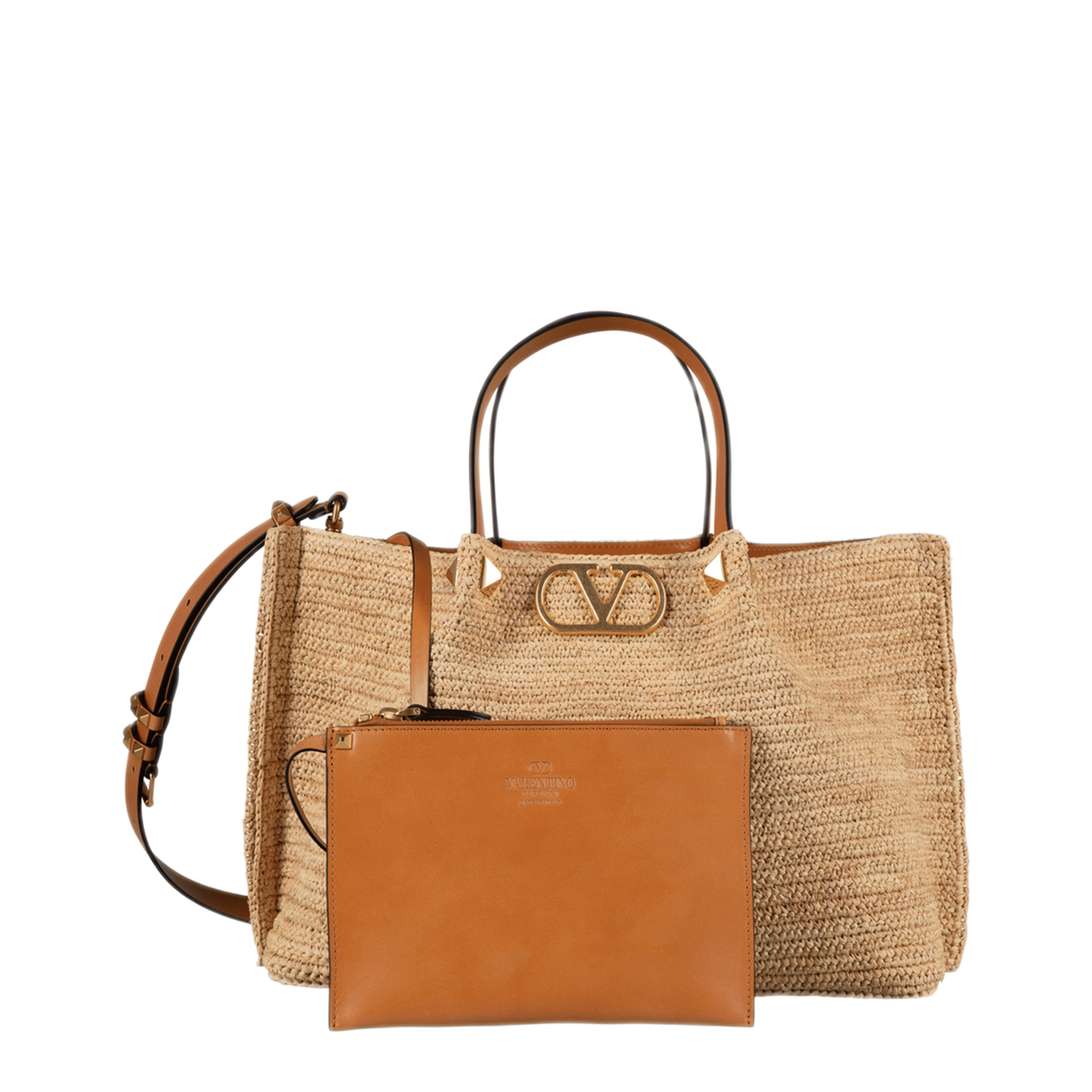 Valentino Medium Straw Tote - Saddle Brown/Natural/Rouge Pur