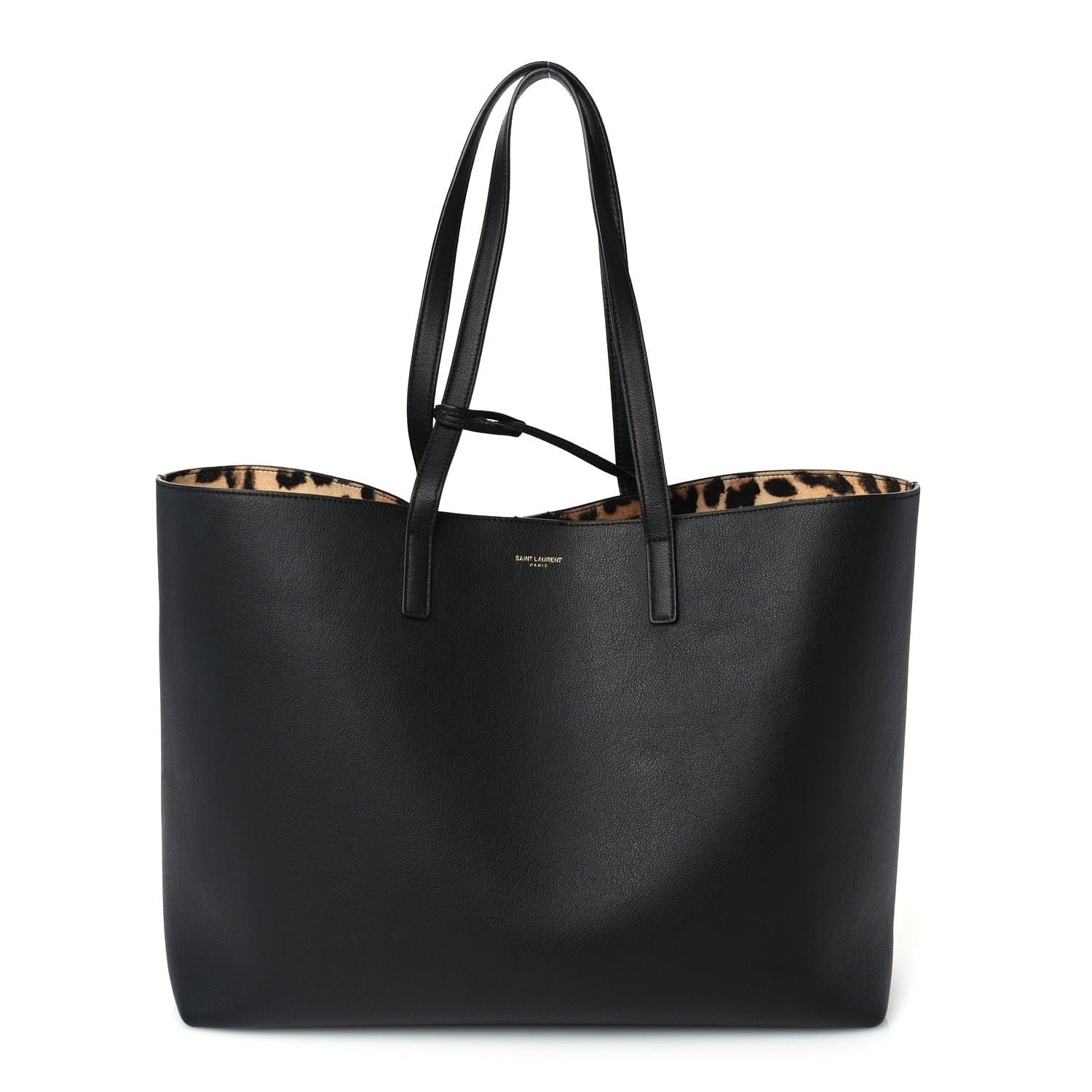 Saint Laurent Calfskin Large Leopard Print Shopping Tote Black