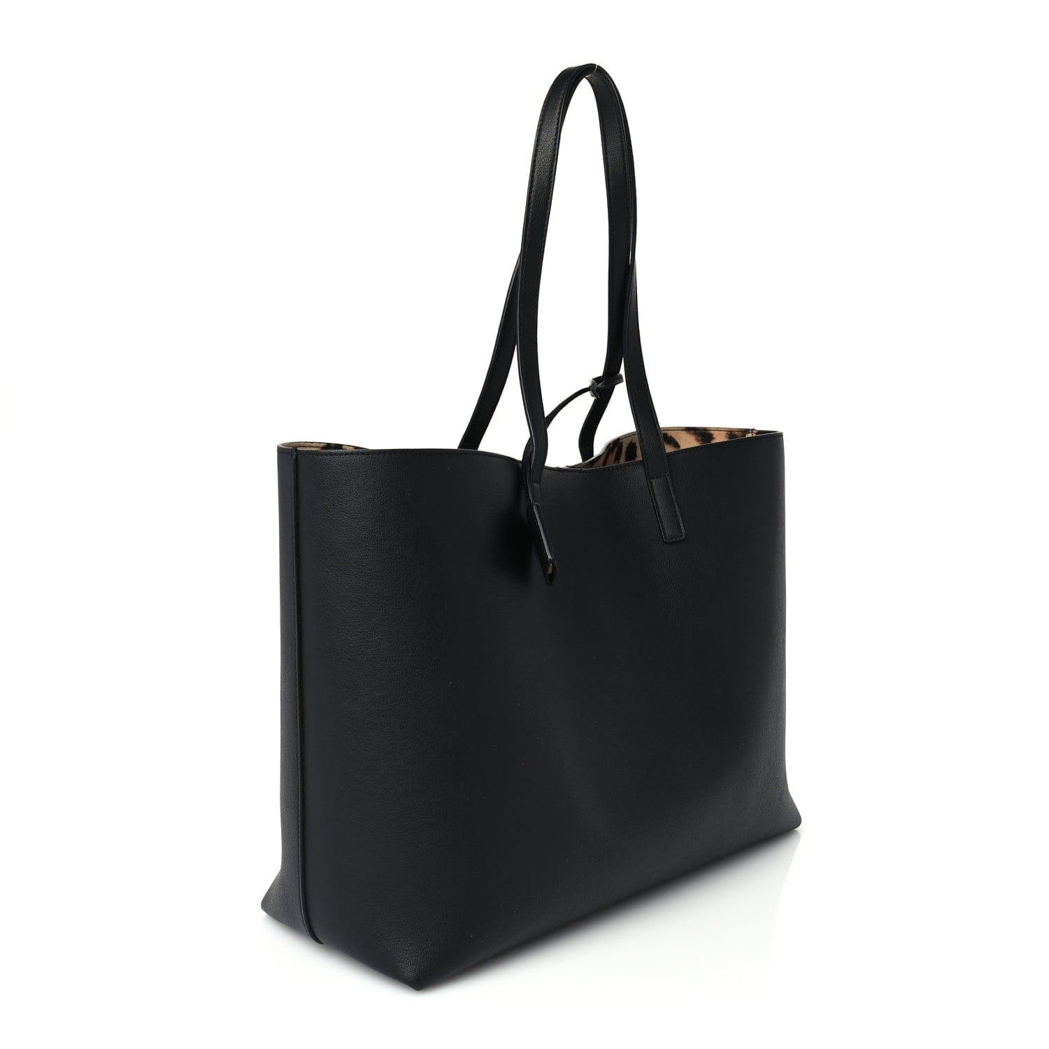 Saint Laurent Calfskin Large Leopard Print Shopping Tote Black