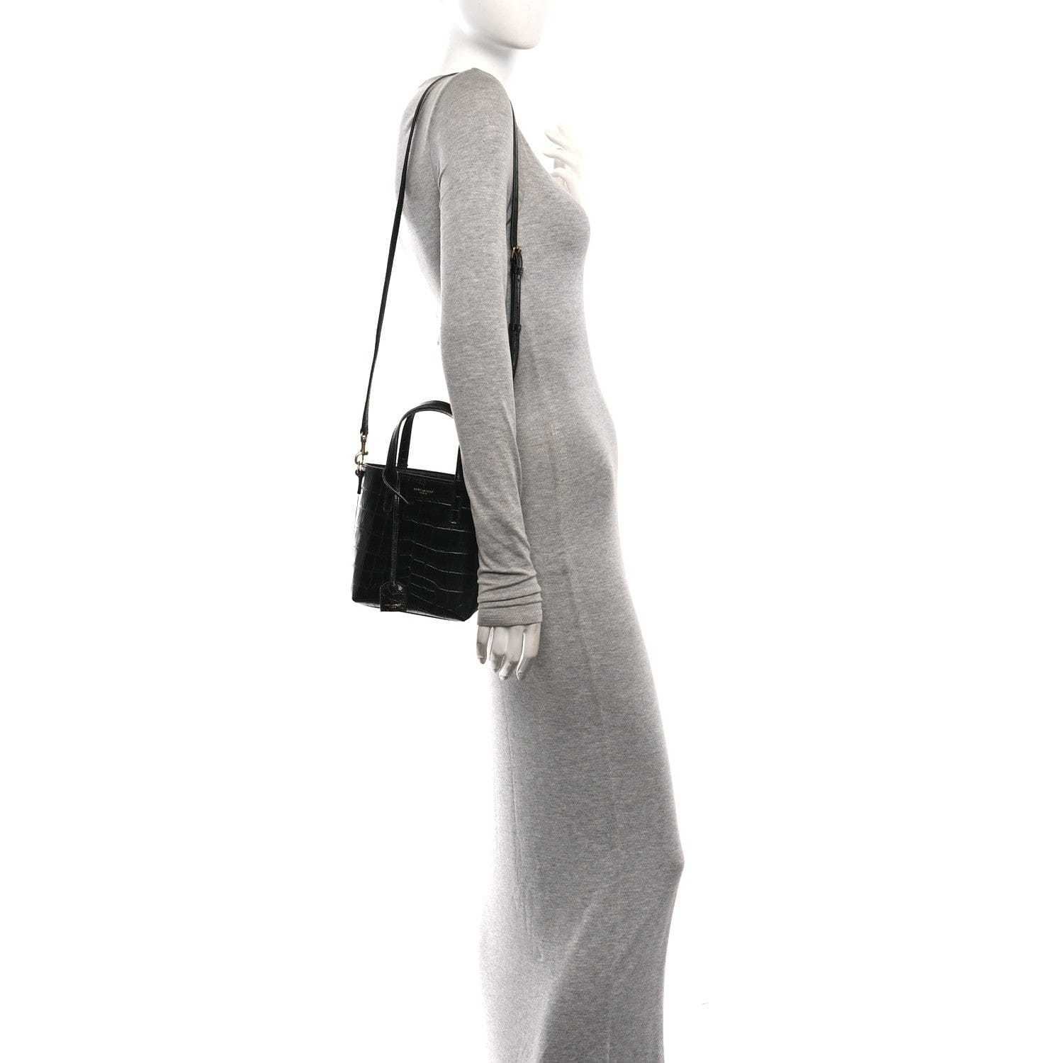 Saint Laurent Calfskin Crocodile Embossed Paris Mini Toy Shopper Tote Black