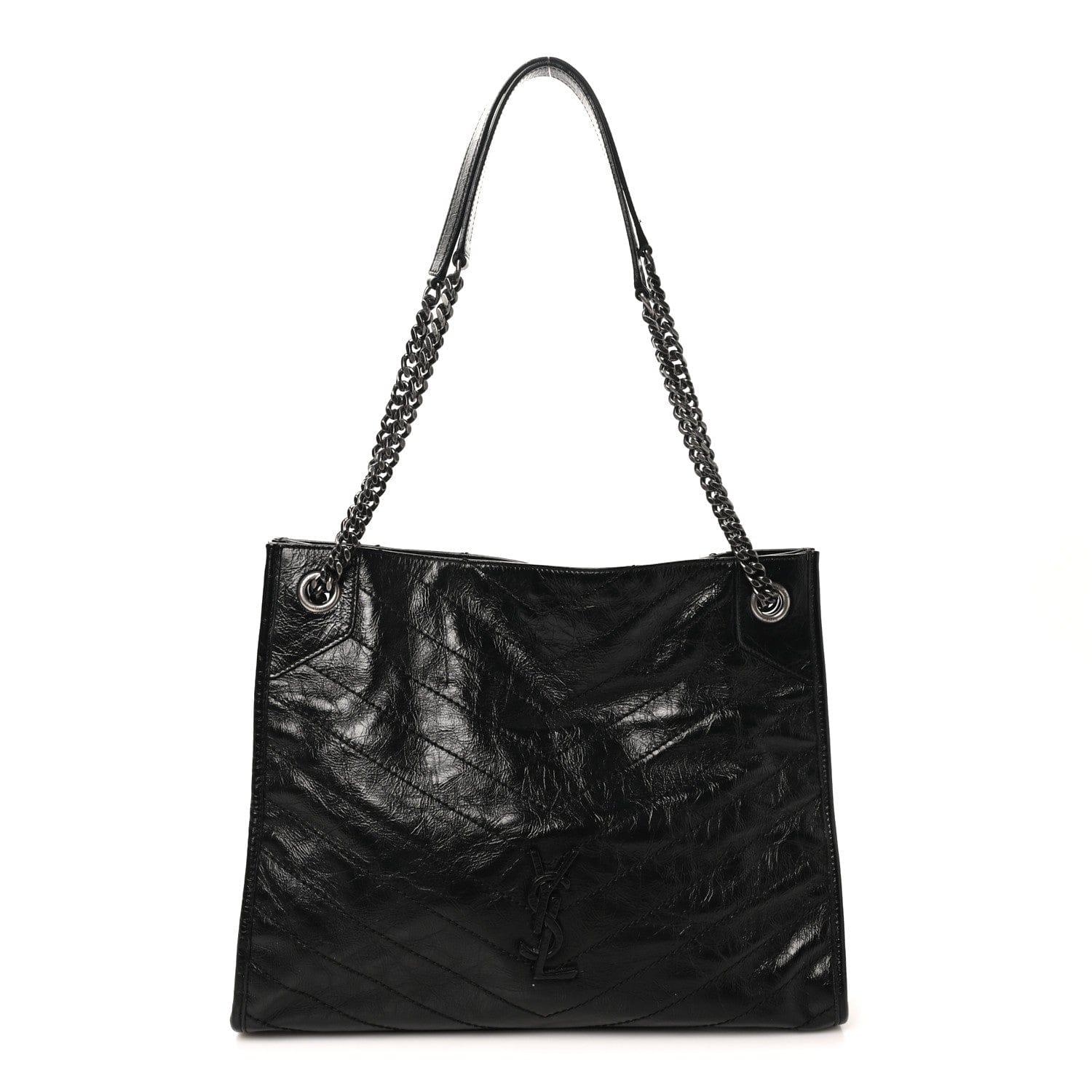 Saint Laurent Crinkled Calfskin Matelasse Monogram Medium Niki Shopper Tote Black