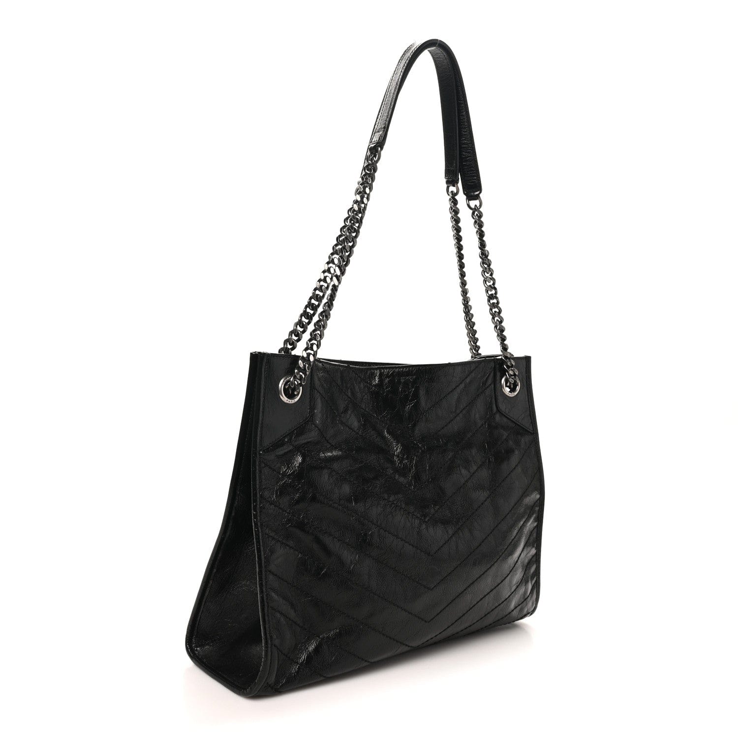 Saint Laurent Crinkled Calfskin Matelasse Monogram Medium Niki Shopper Tote Black