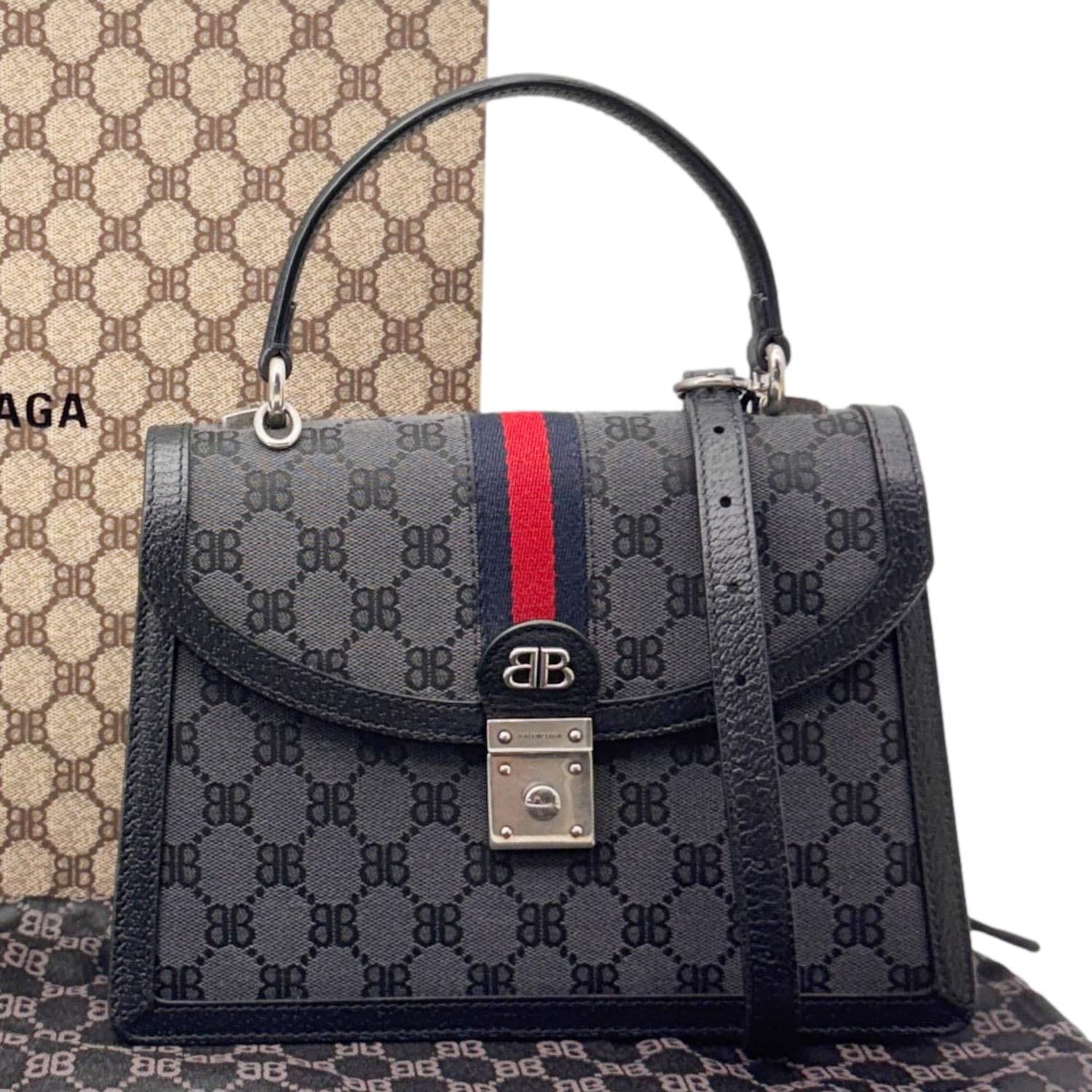 GUCCI x BALENCIAGA The Hacker Project BB Supreme Monogram Canvas Shoulder Bag Grey 680119