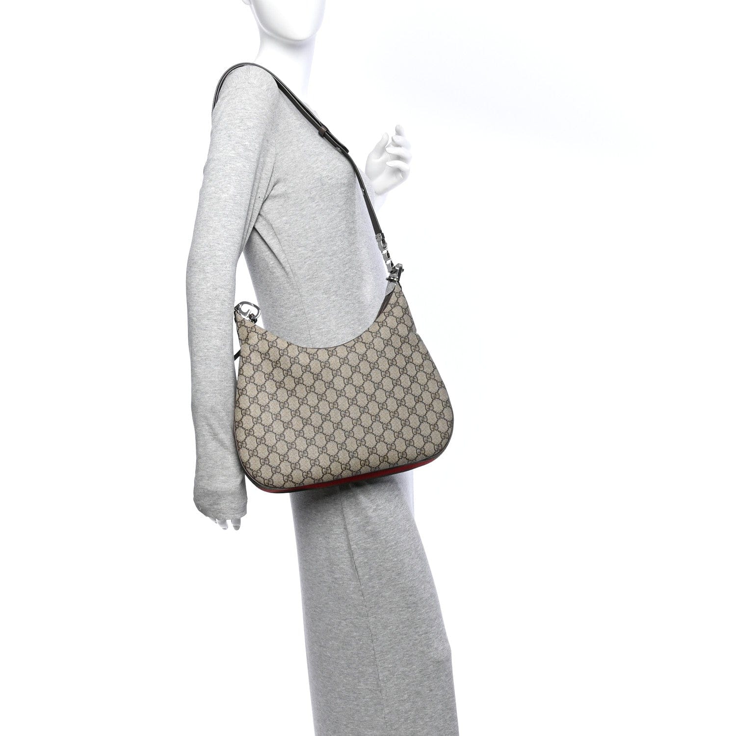Gucci GG Supreme Monogram Textured Calfskin Web Large Attache Shoulder Bag Beige Ebony New Acero