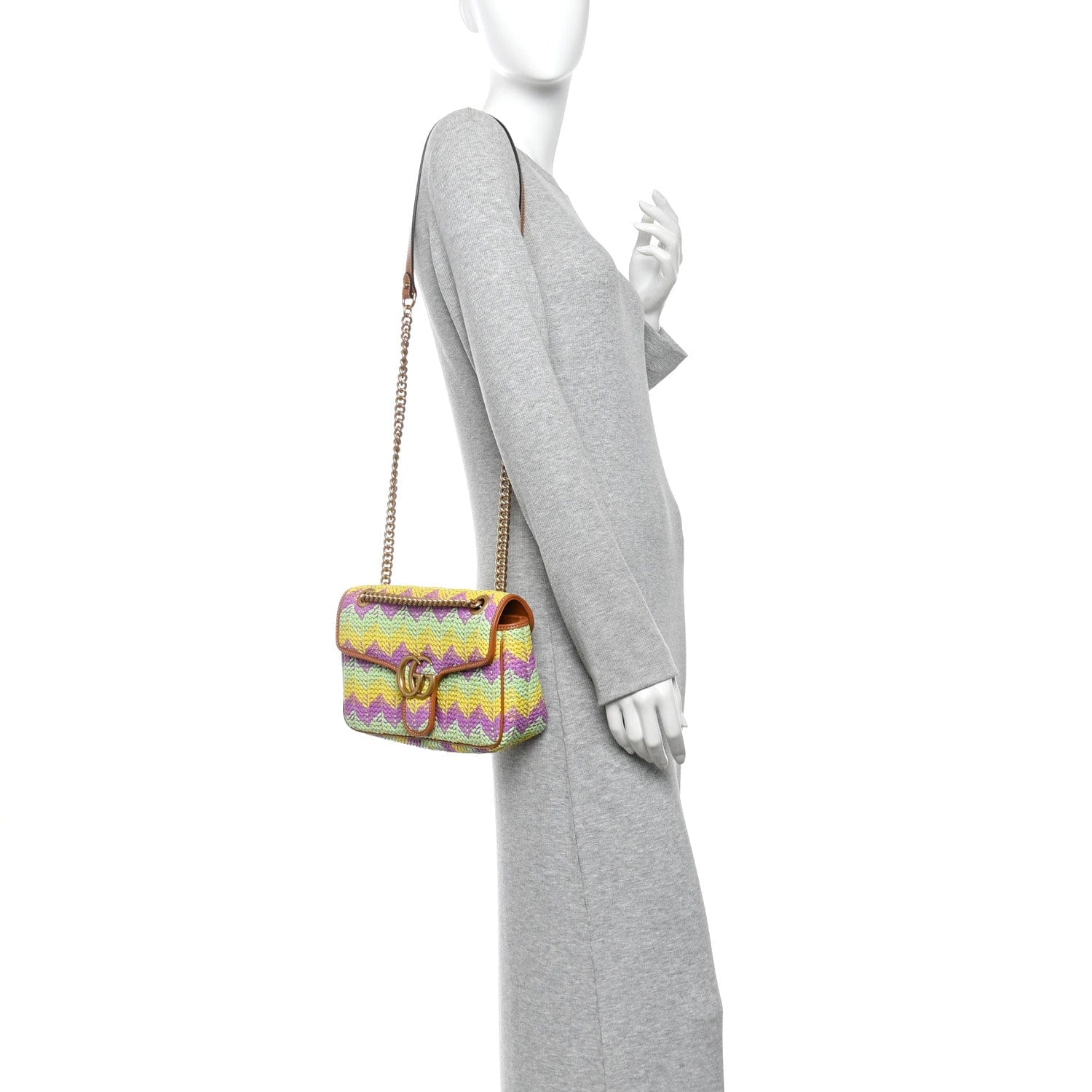 Gucci Calfskin Raffia Woven Small GG Marmont Shoulder Bag Multicolor