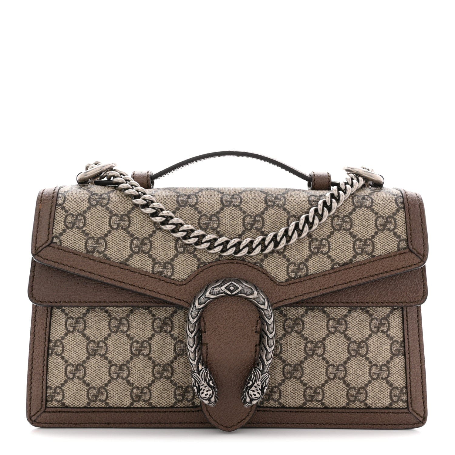Gucci GG Supreme Monogram Textured Dollar Calfskin Top Handle Dionysus Shoulder Bag Beige Ebony New Acero