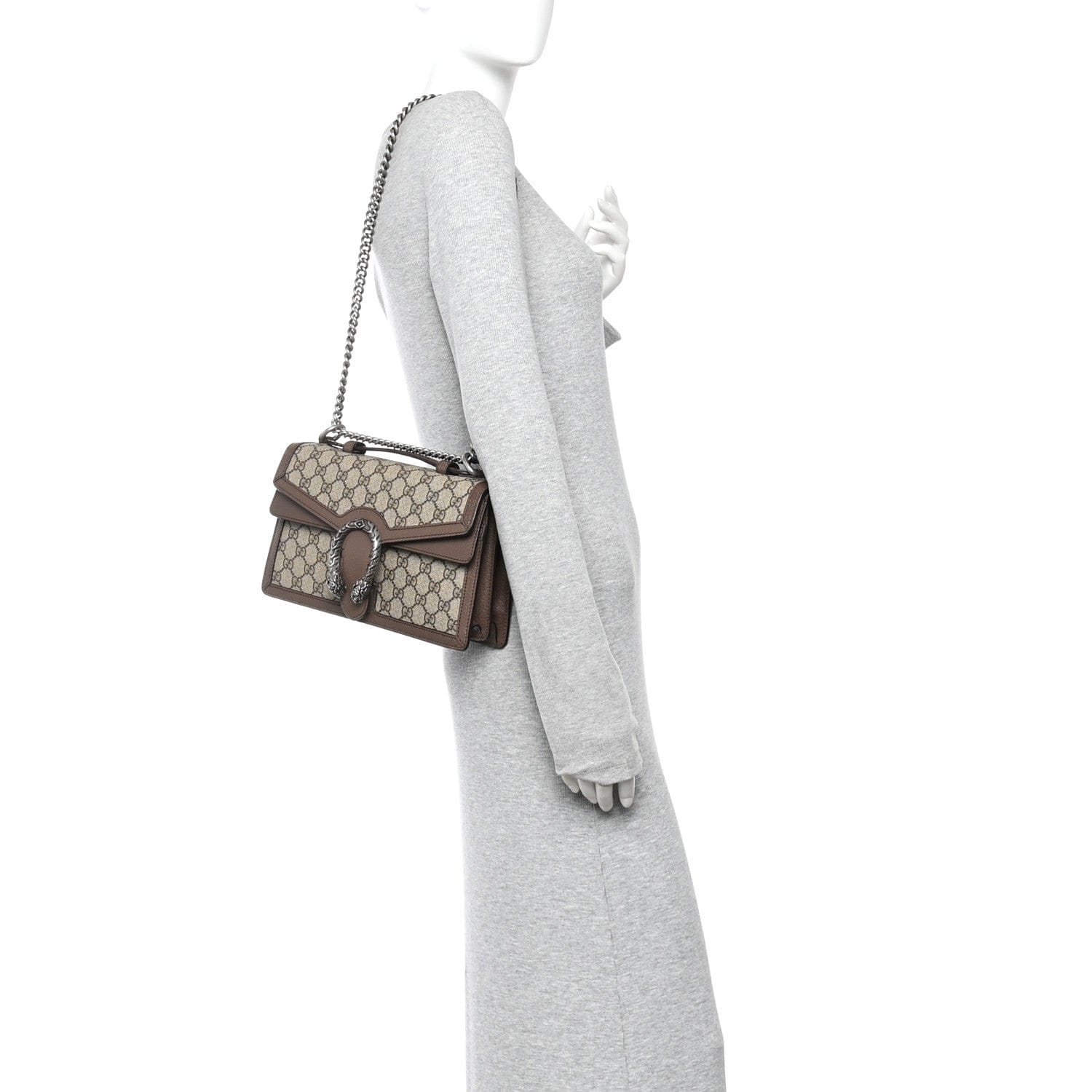 Gucci GG Supreme Monogram Textured Dollar Calfskin Top Handle Dionysus Shoulder Bag Beige Ebony New Acero