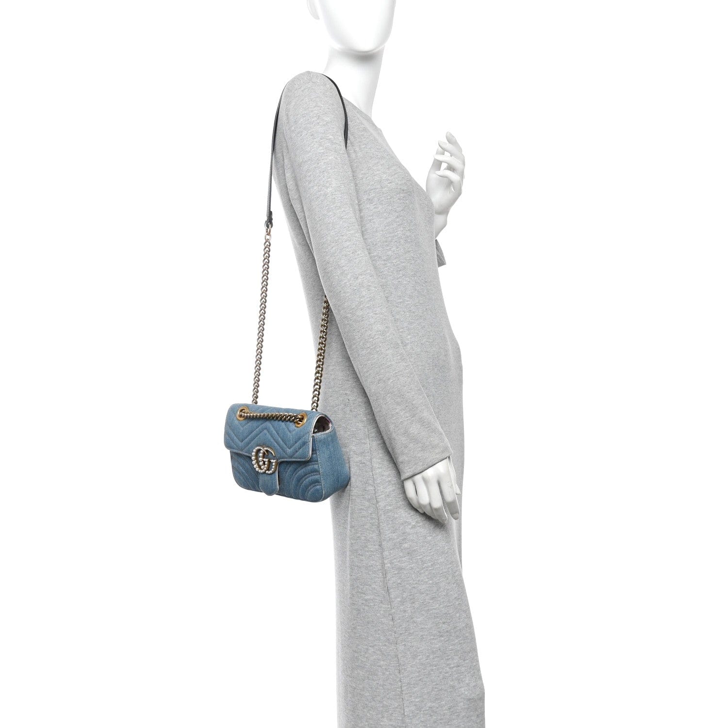 Gucci Denim Matelasse Mini Pearly GG Marmont Shoulder Bag Blue