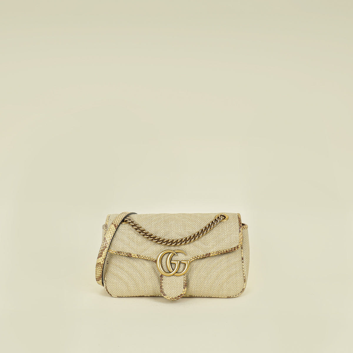 Gucci Beige Natural GG Marmont Raffia Python Medium Shoulder Bag