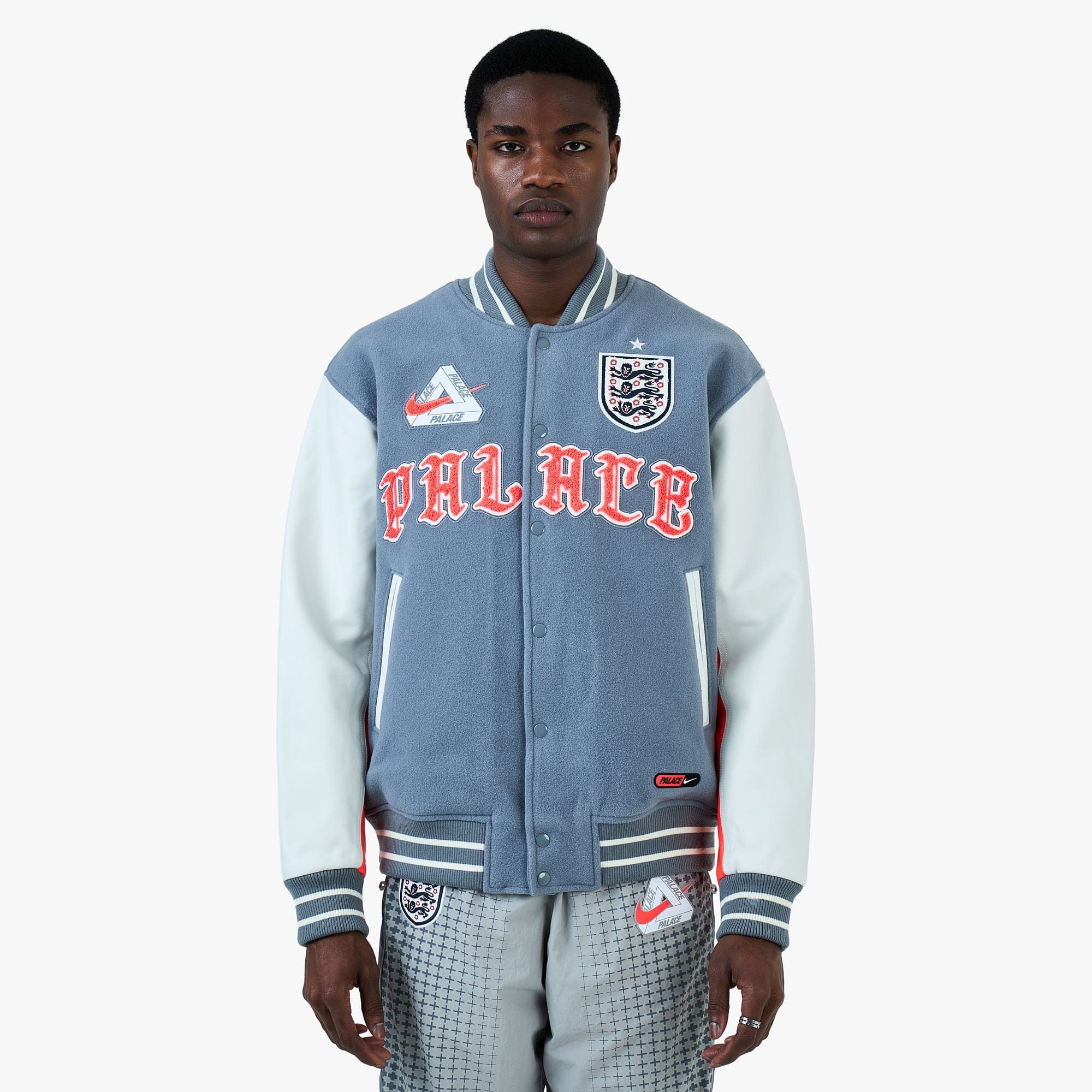 Nike x England x Palace Varsity Jacket Cool Grey / White / Bright Crimson