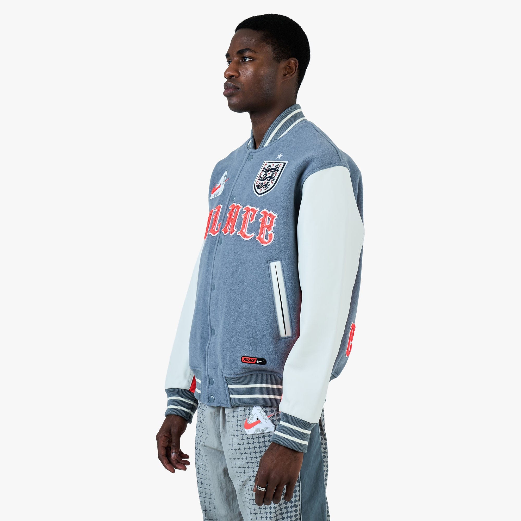Nike x England x Palace Varsity Jacket Cool Grey / White / Bright Crimson