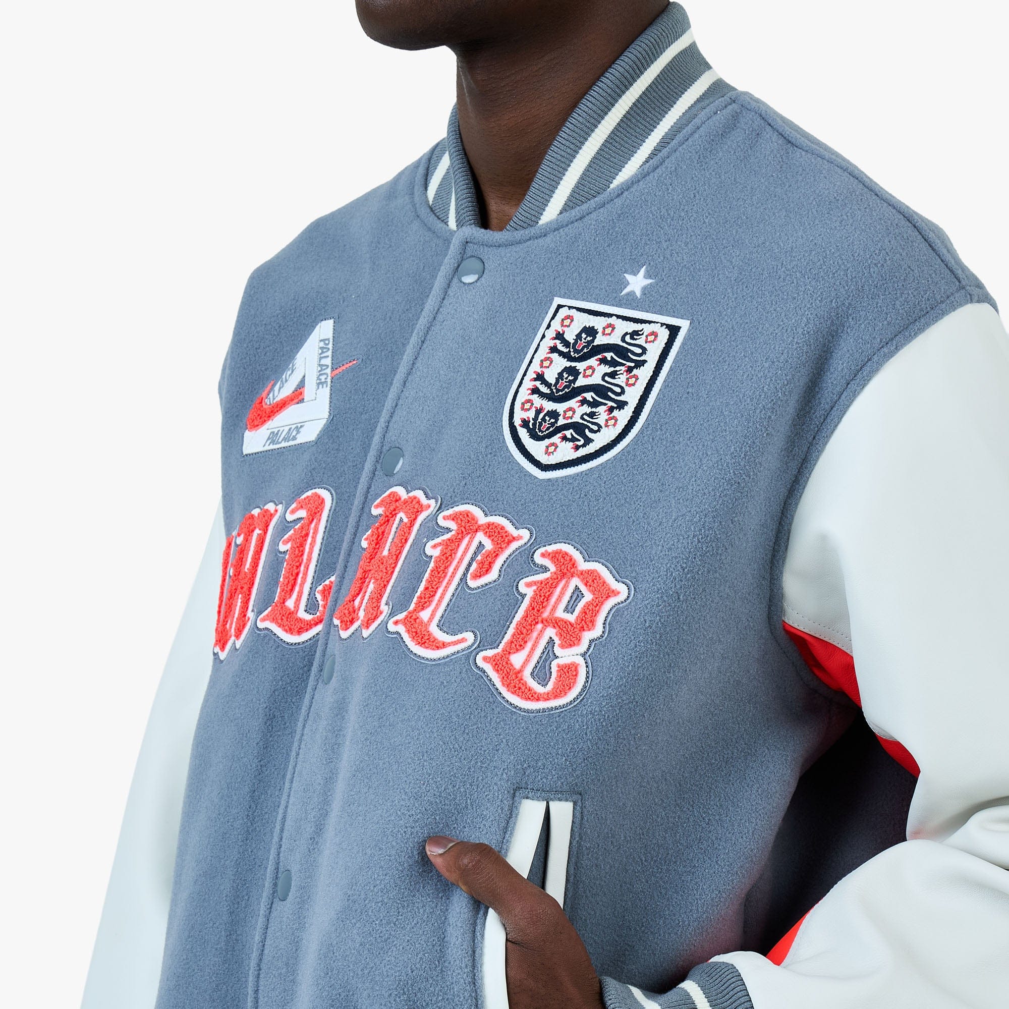 Nike x England x Palace Varsity Jacket Cool Grey / White / Bright Crimson