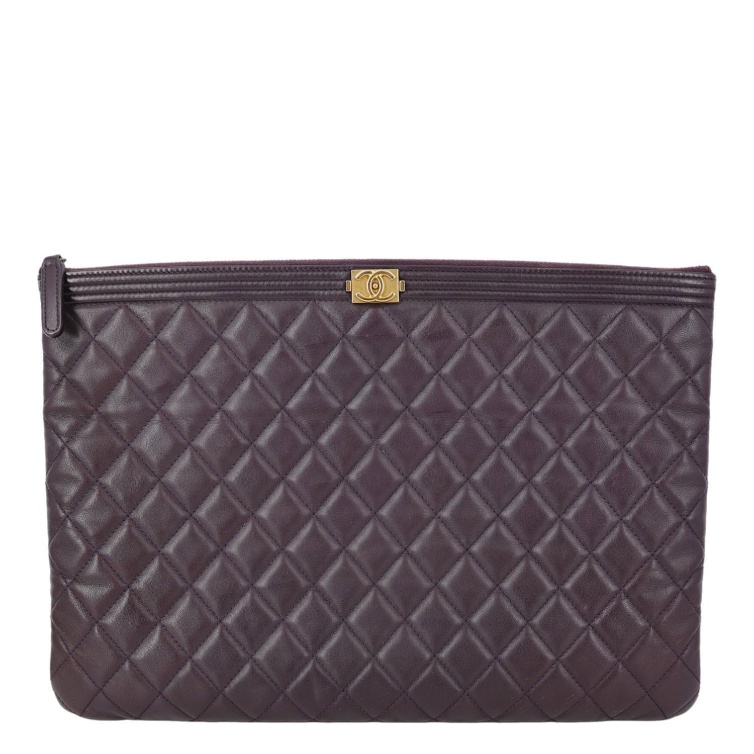 CHANEL Boy O Case Large Quilted Lambskin Leather Zip Pouch Purple