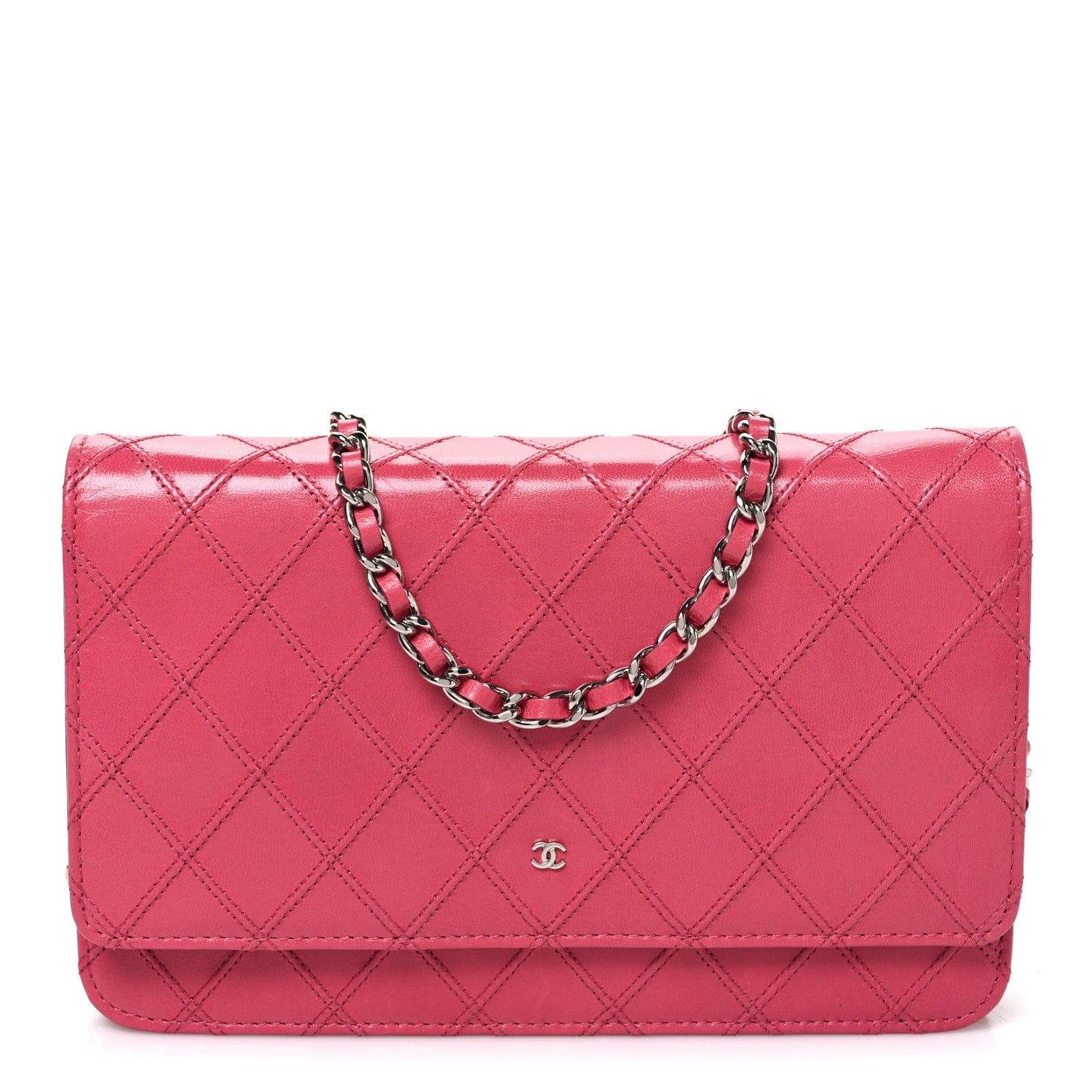 Chanel Lambskin Diamond Stitched Wallet On Chain WOC Pink