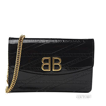 Balenciaga Black Patent Leather BB Losange Wallet On Chain Bag