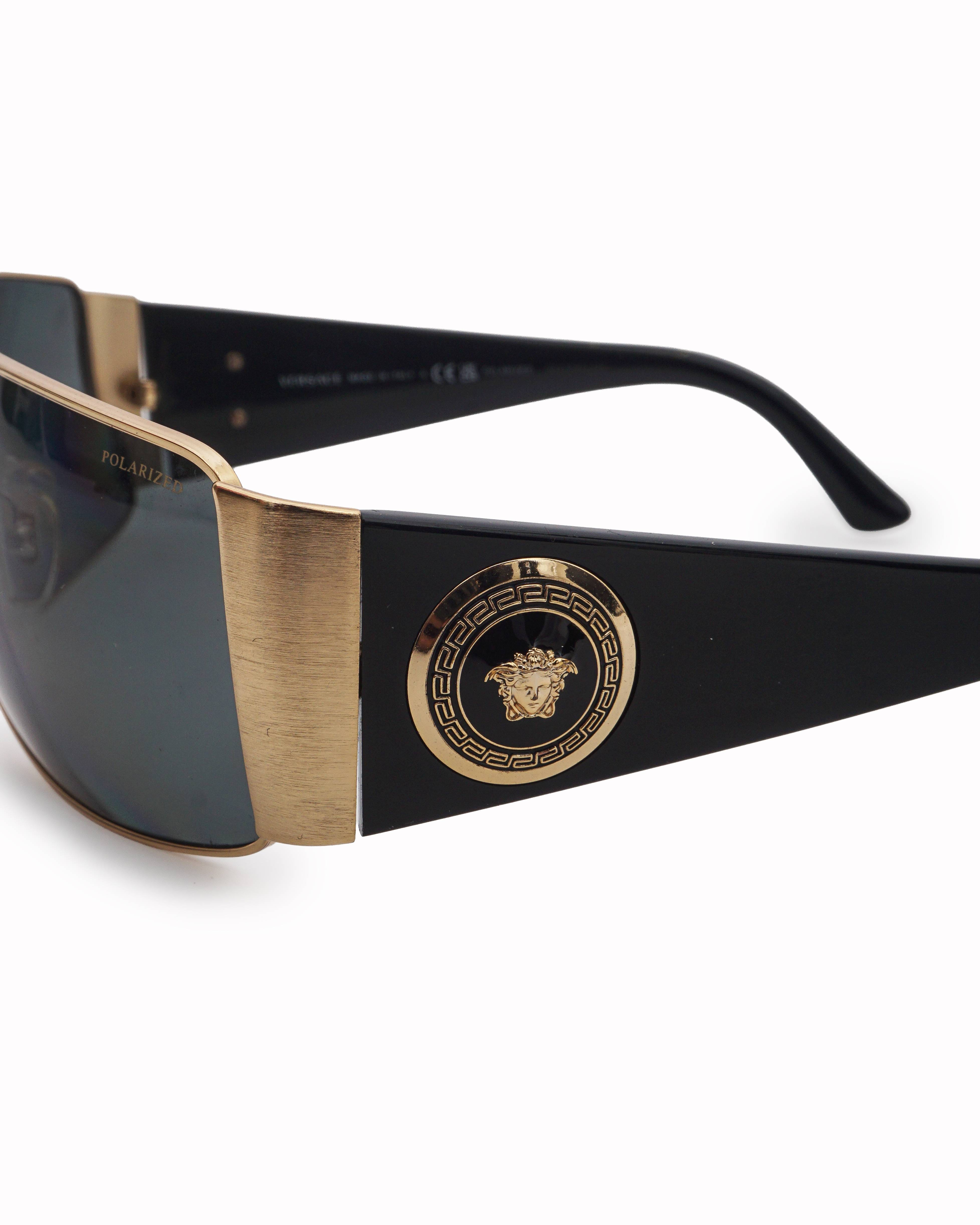 Versace Black & Gold Medusa Polarized Shield Sunglasses