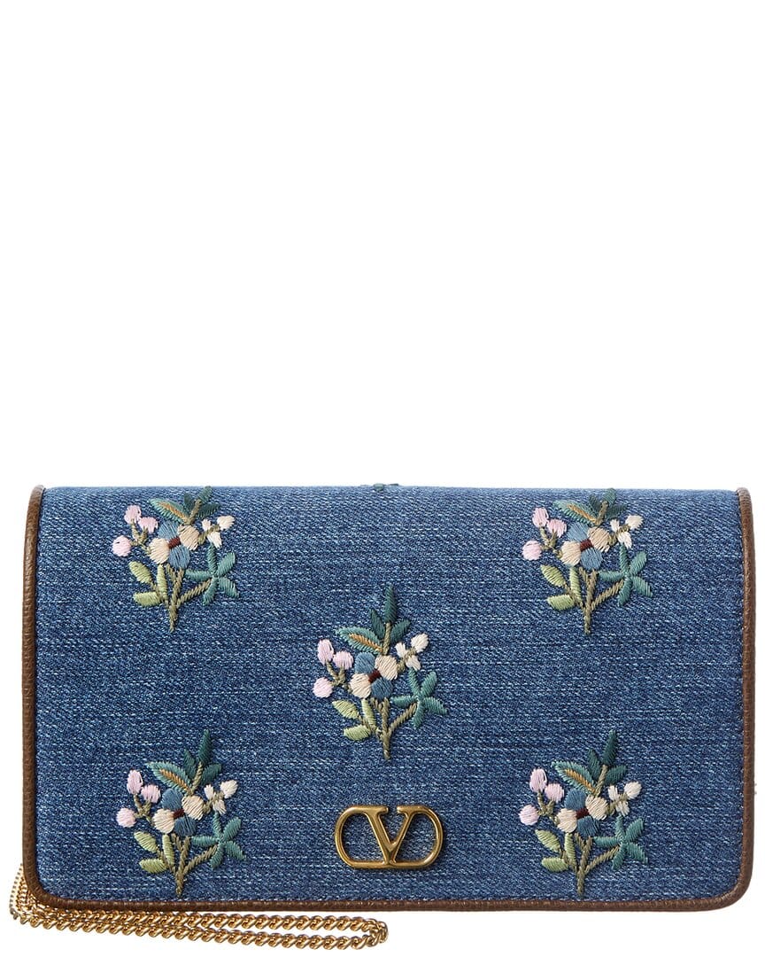 Valentino Vlogo Signature Mini Leather & Denim Wallet On Chain