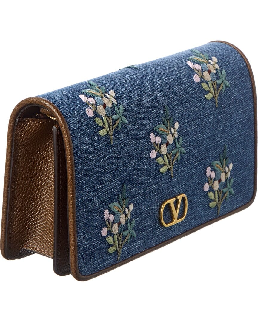 Valentino Vlogo Signature Mini Leather & Denim Wallet On Chain