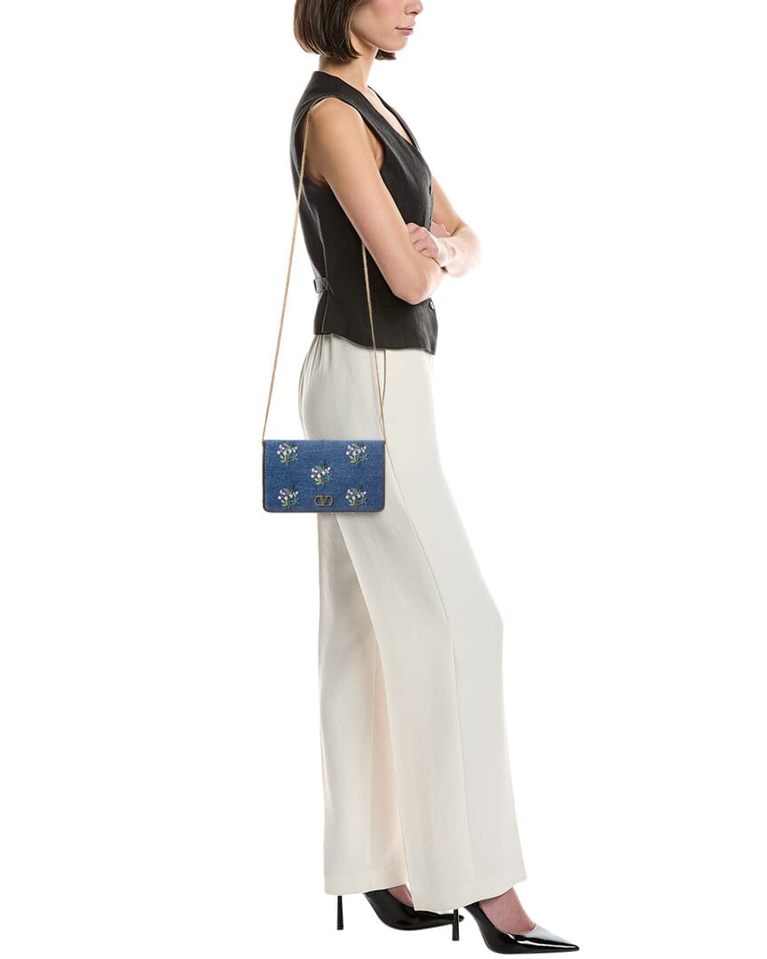 Valentino Vlogo Signature Mini Leather & Denim Wallet On Chain