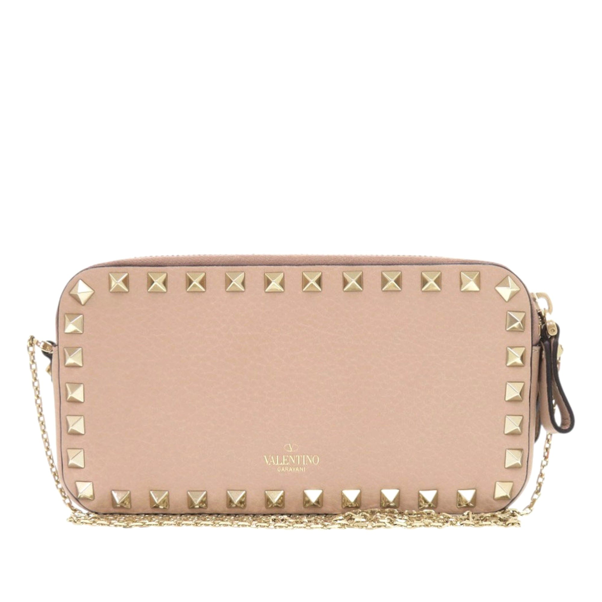 Valentino Pebbled Calfskin Rockstud Double Zip Chain Pouch