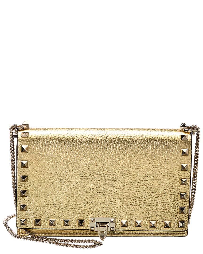 Valentino Rockstud Mini Leather Wallet On Chain, Gold