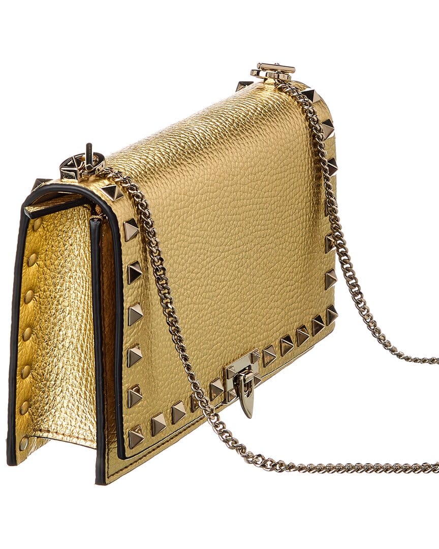 Valentino Rockstud Mini Leather Wallet On Chain, Gold