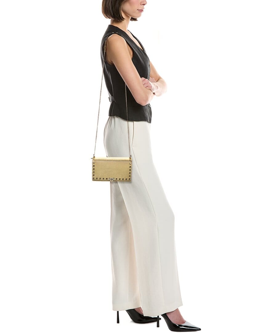Valentino Rockstud Mini Leather Wallet On Chain, Gold