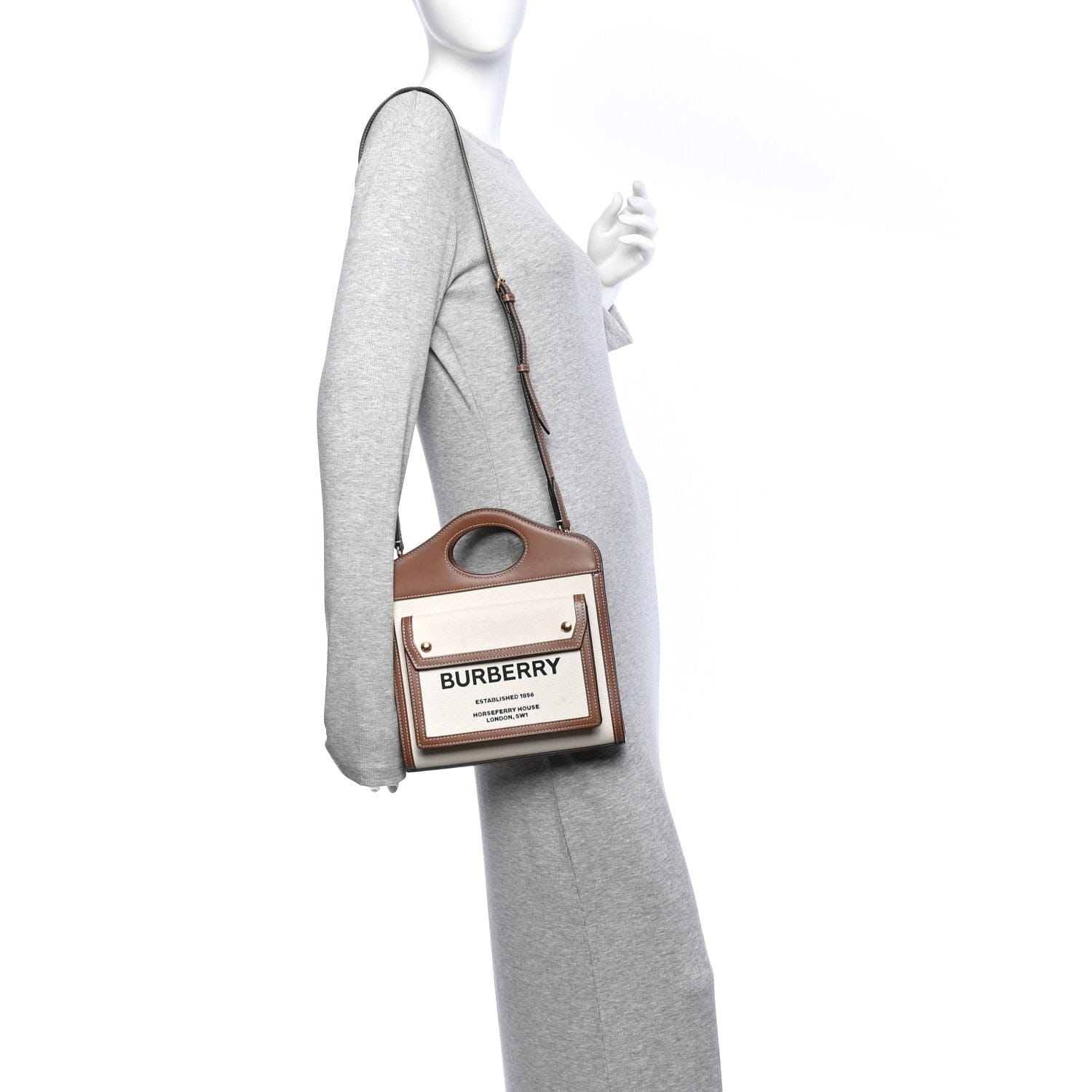Burberry Canvas Smooth Calfskin Two Tone Mini Pocket Bag Natural Malt Brown