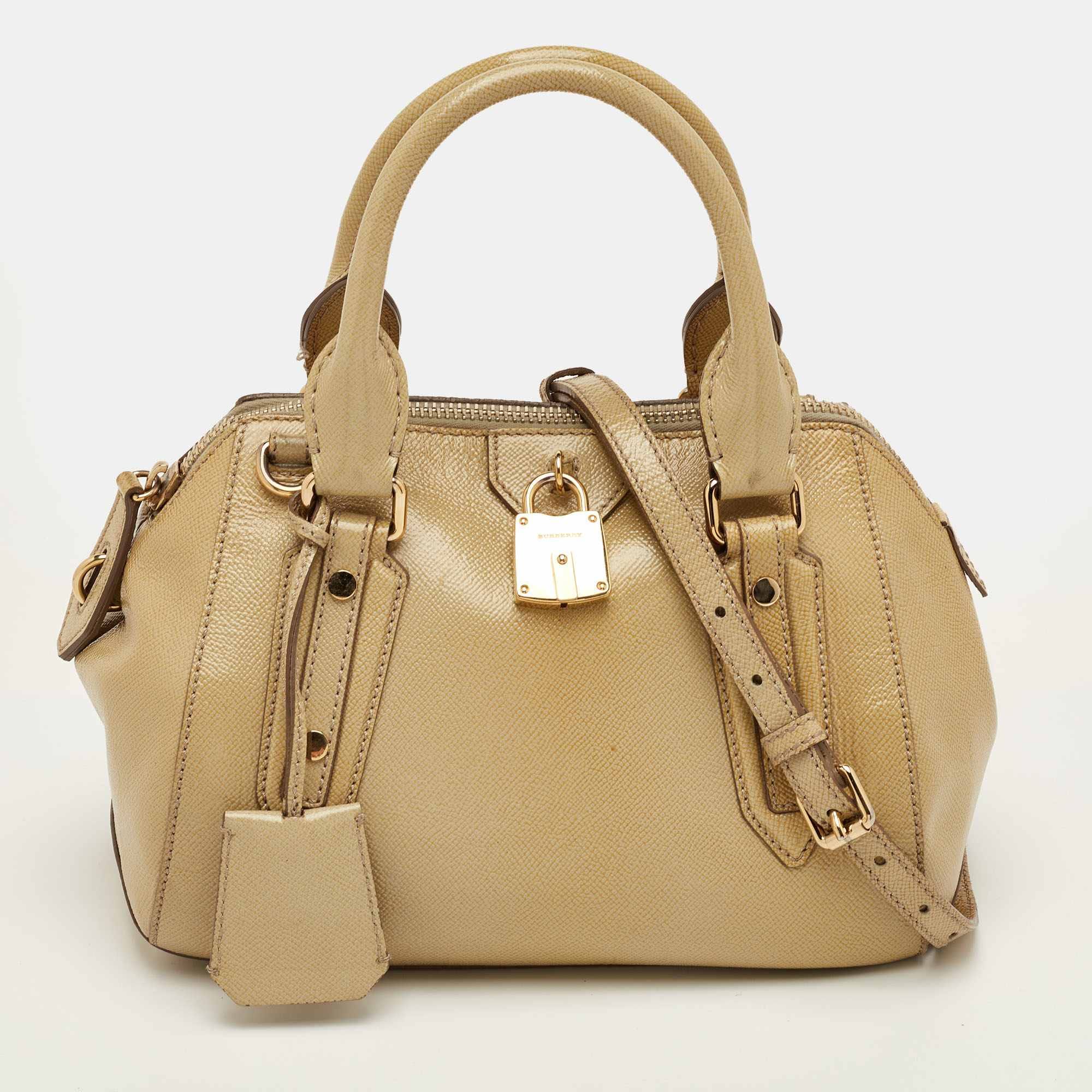 Burberry Beige Patent Leather Lock Top Zip Satchel