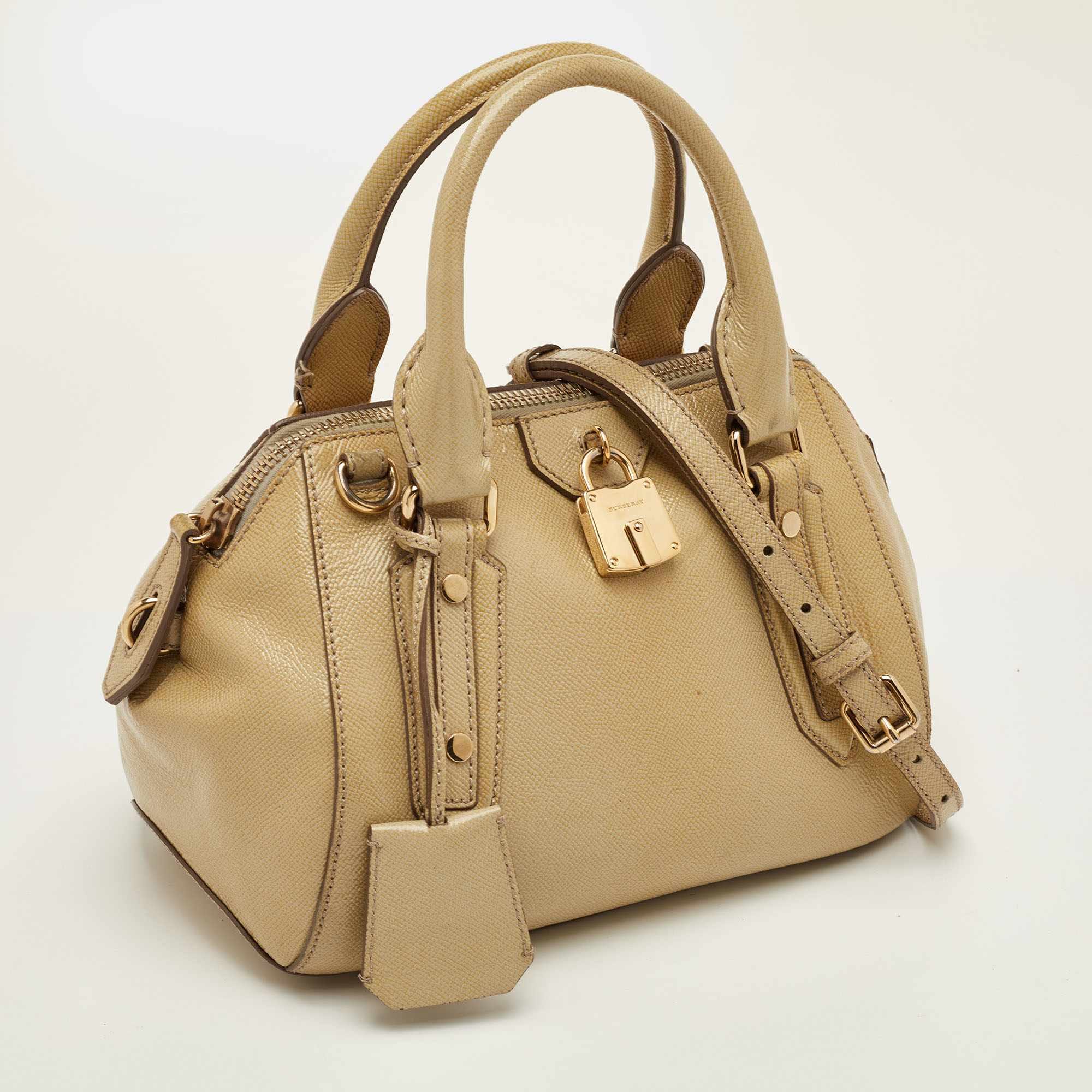 Burberry Beige Patent Leather Lock Top Zip Satchel