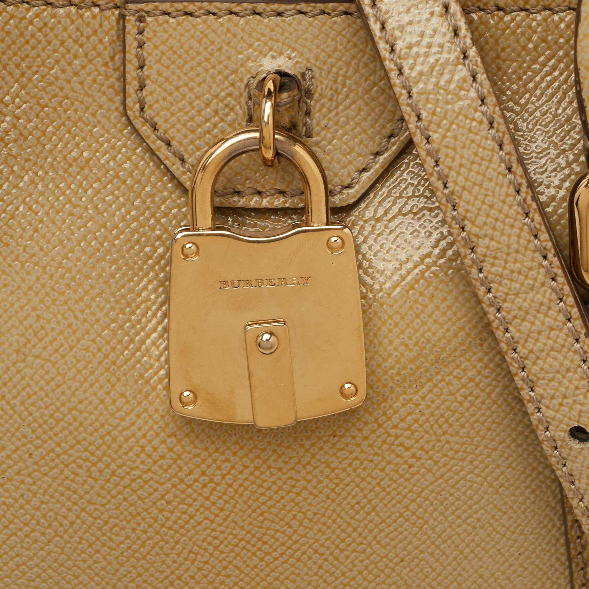 Burberry Beige Patent Leather Lock Top Zip Satchel