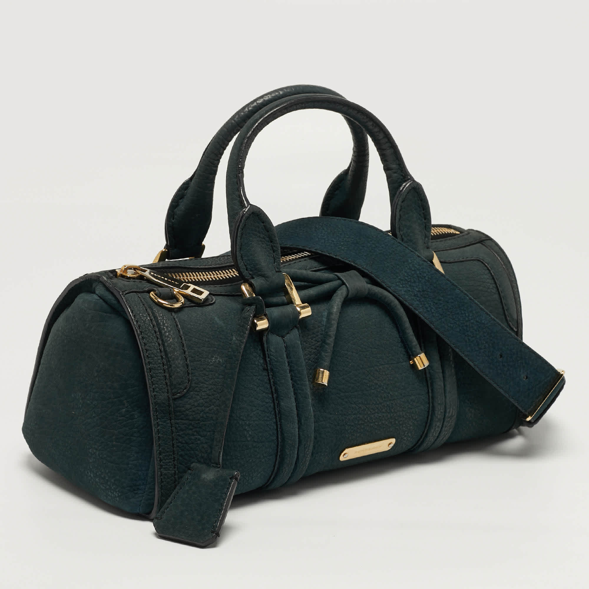 Burberry Barrel Bow Medium Indigo Green Nubuck Leather Bowler Bag