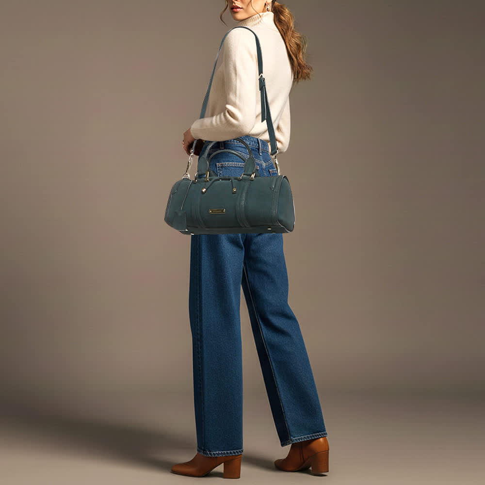Burberry Barrel Bow Medium Indigo Green Nubuck Leather Bowler Bag