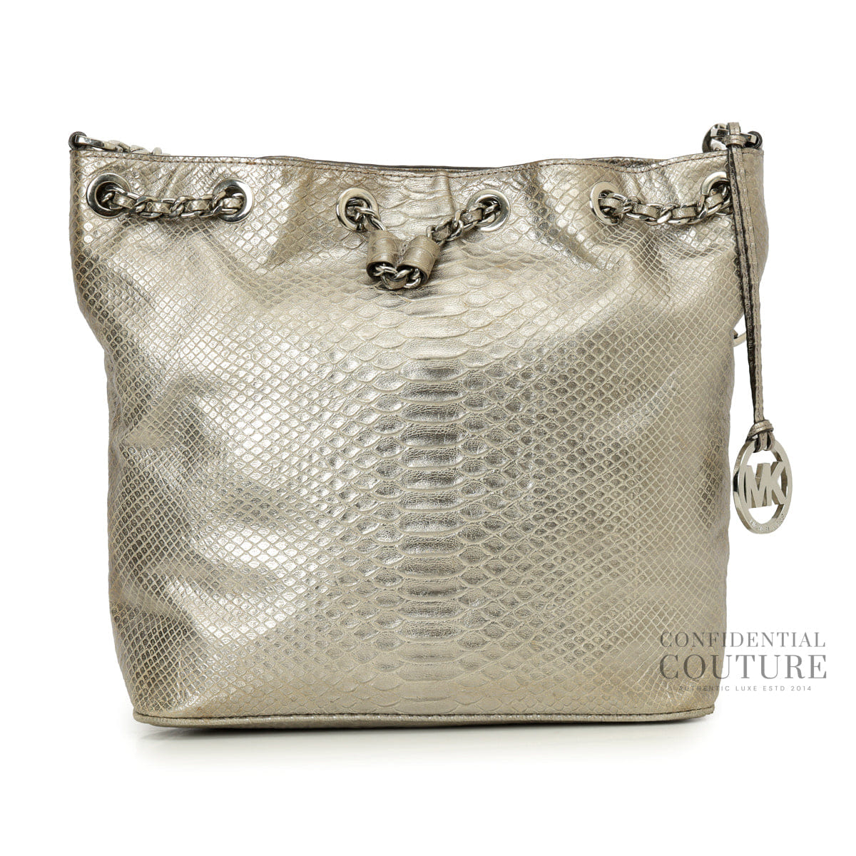 Michael Kors Silver Pyhon Embossed Drawstring Shoulder Bag