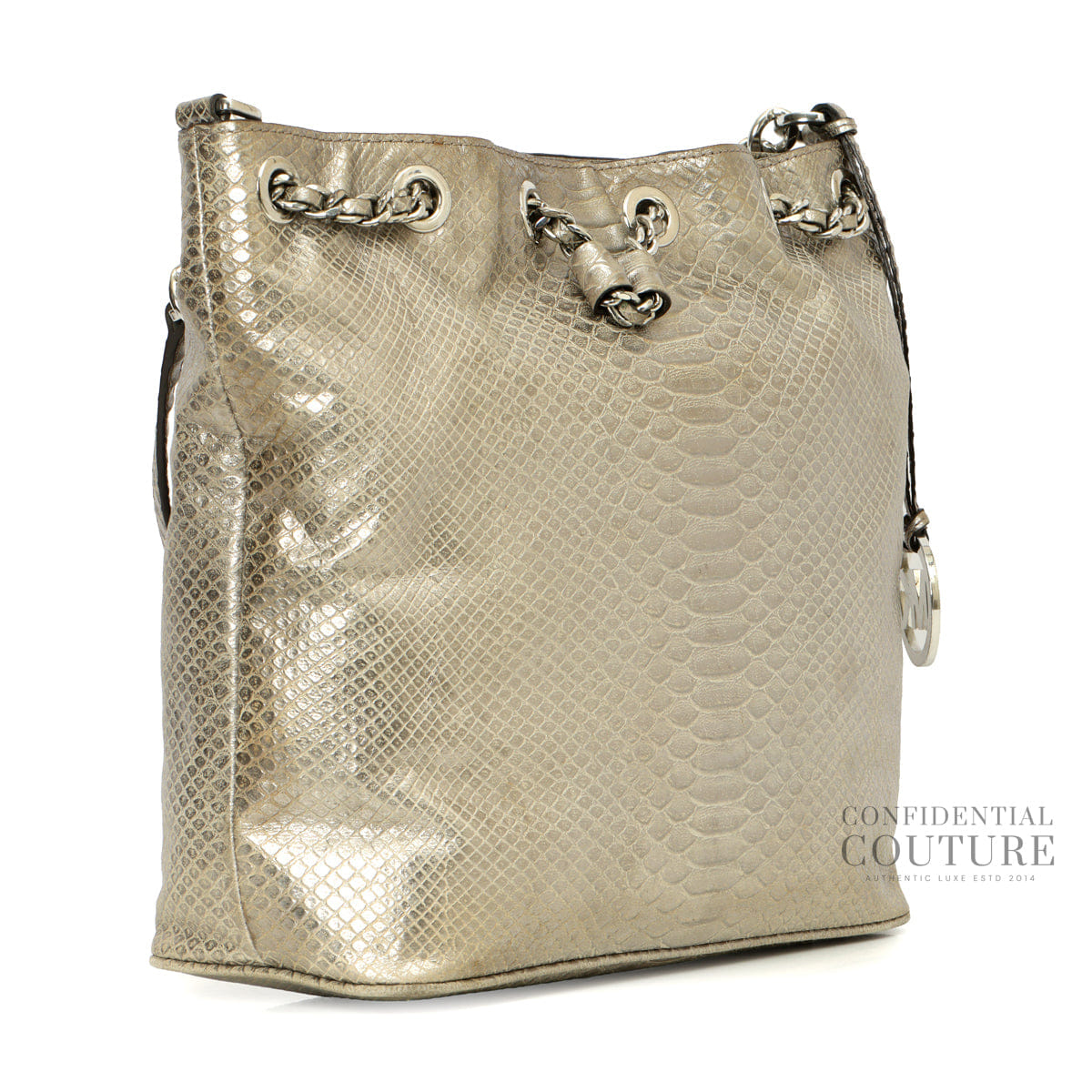 Michael Kors Silver Pyhon Embossed Drawstring Shoulder Bag