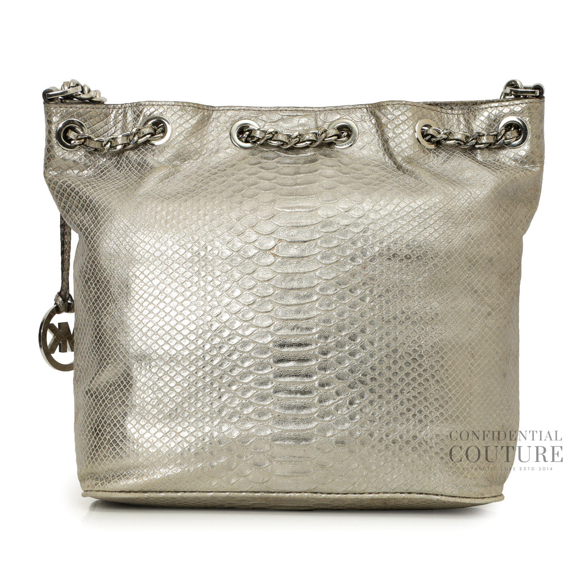 Michael Kors Silver Pyhon Embossed Drawstring Shoulder Bag