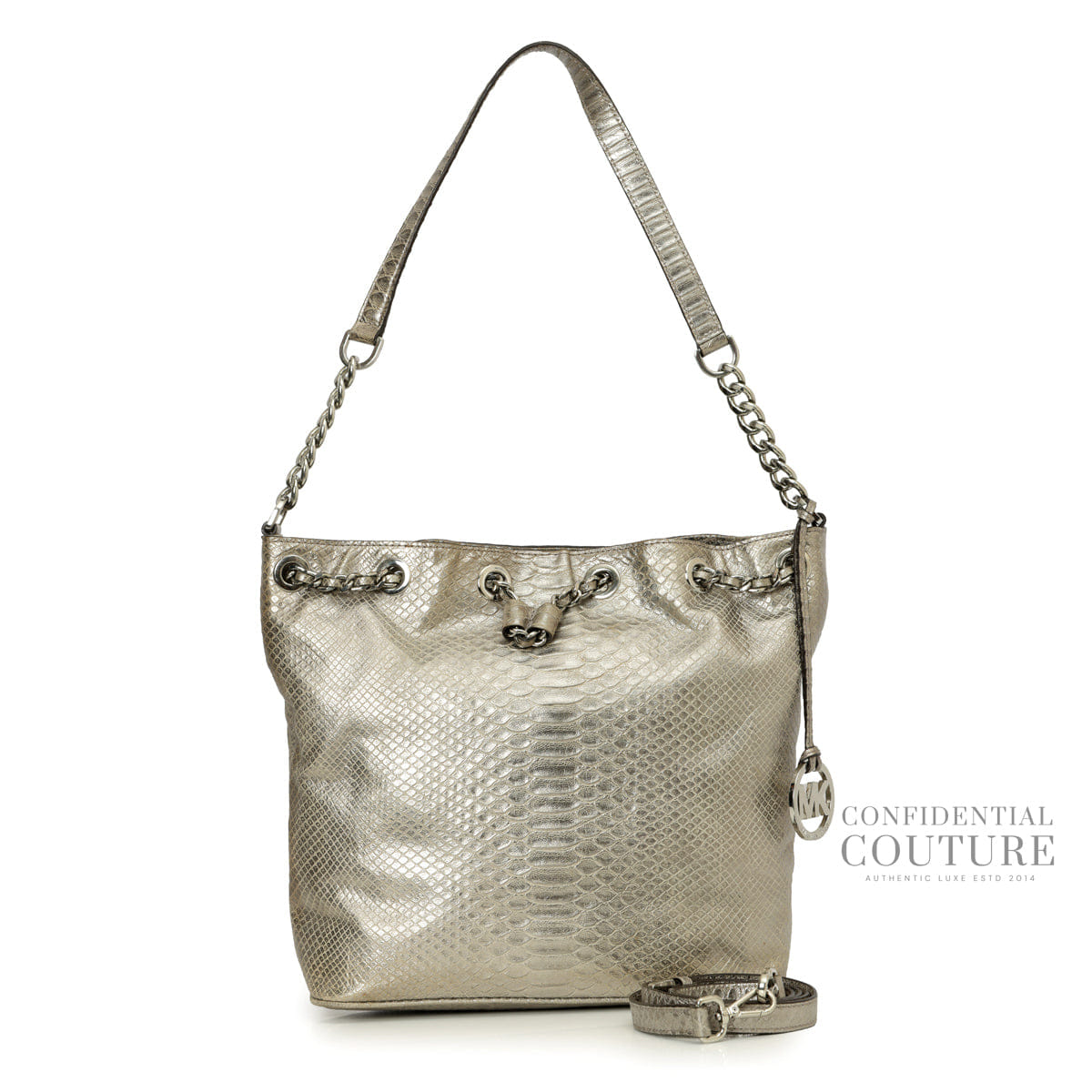 Michael Kors Silver Pyhon Embossed Drawstring Shoulder Bag
