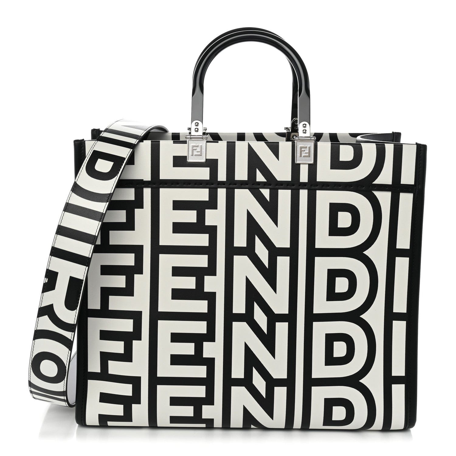 Fendi X MARC JACOBS Vitello King Logo Print Medium Fendi Sunshine Shopper Tote Black White