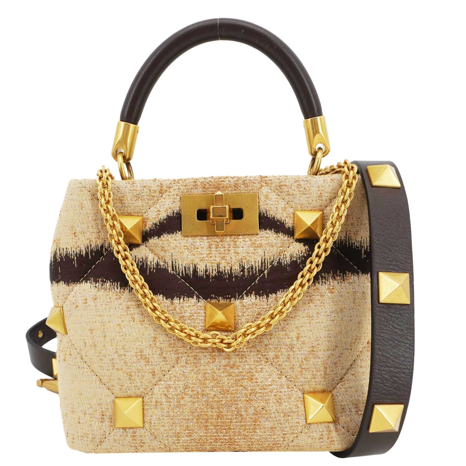 VALENTINO Roman Stud Vintage Tiger Print Top Handle Shoulder Bag Sand Gold