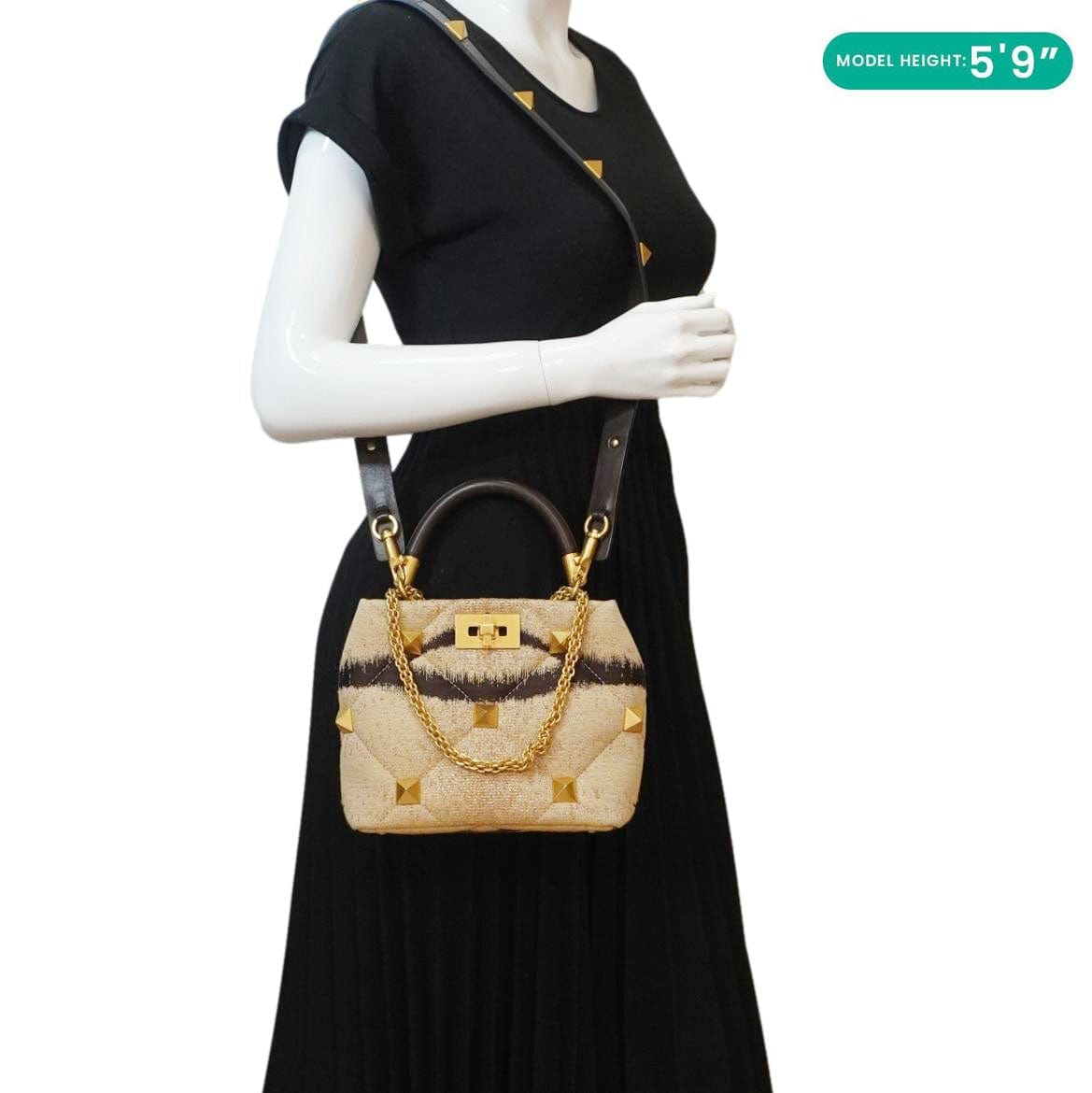 VALENTINO Roman Stud Vintage Tiger Print Top Handle Shoulder Bag Sand Gold