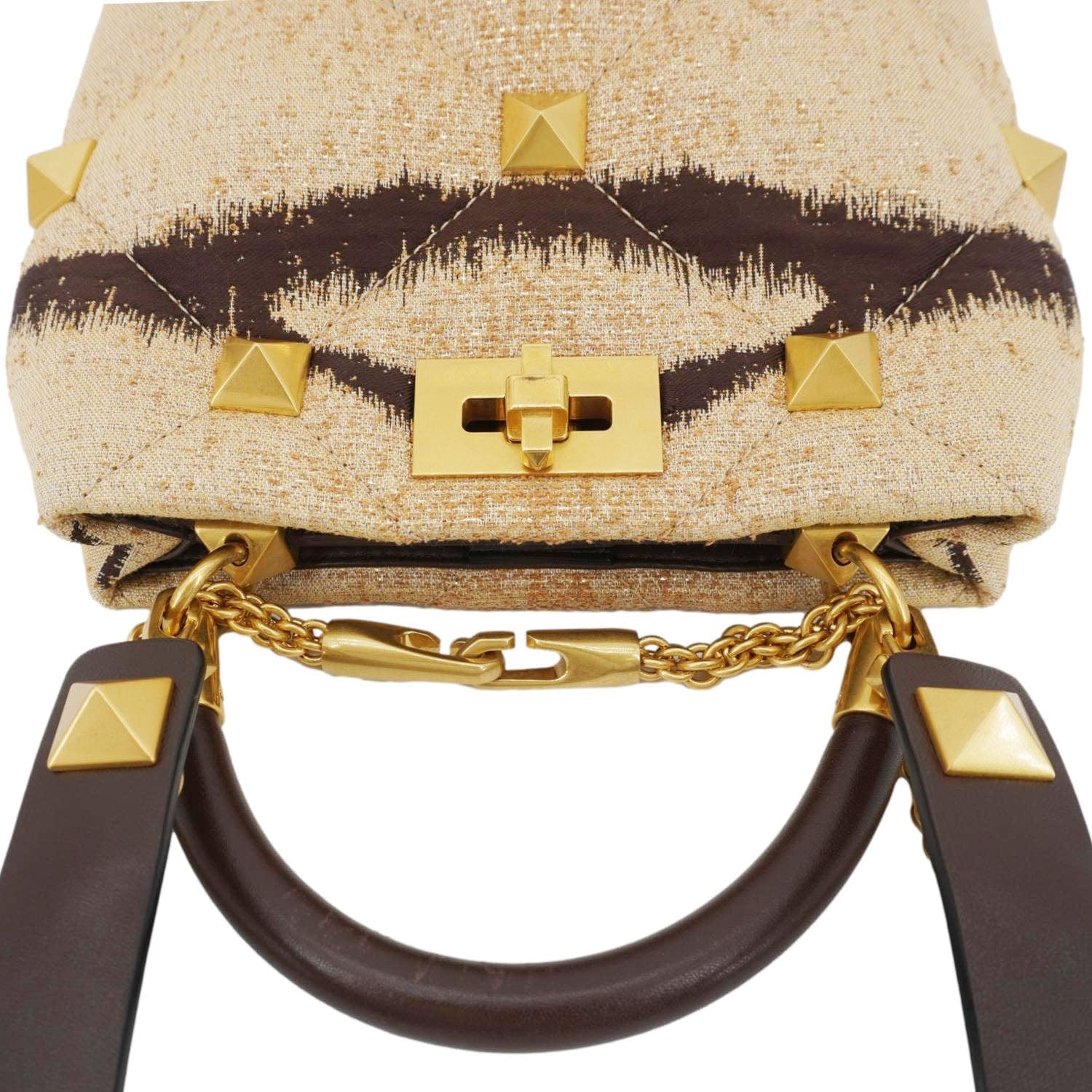 VALENTINO Roman Stud Vintage Tiger Print Top Handle Shoulder Bag Sand Gold