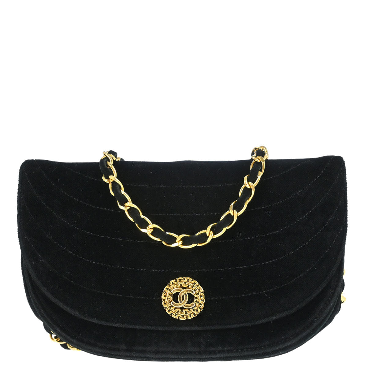 Chanel 1986 - 1988 Black Velvet Half Moon Flap Shoulder Bag