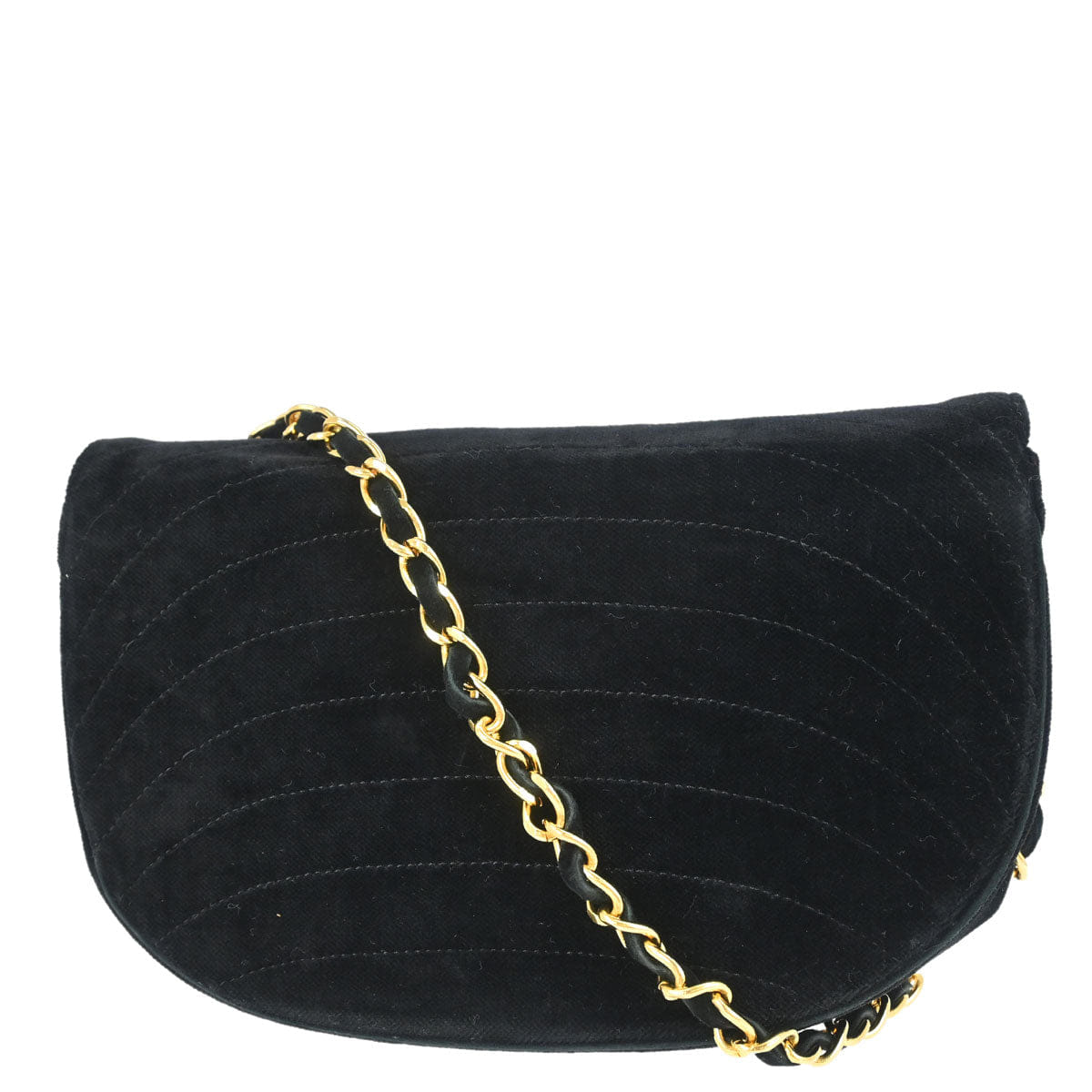 Chanel 1986 - 1988 Black Velvet Half Moon Flap Shoulder Bag