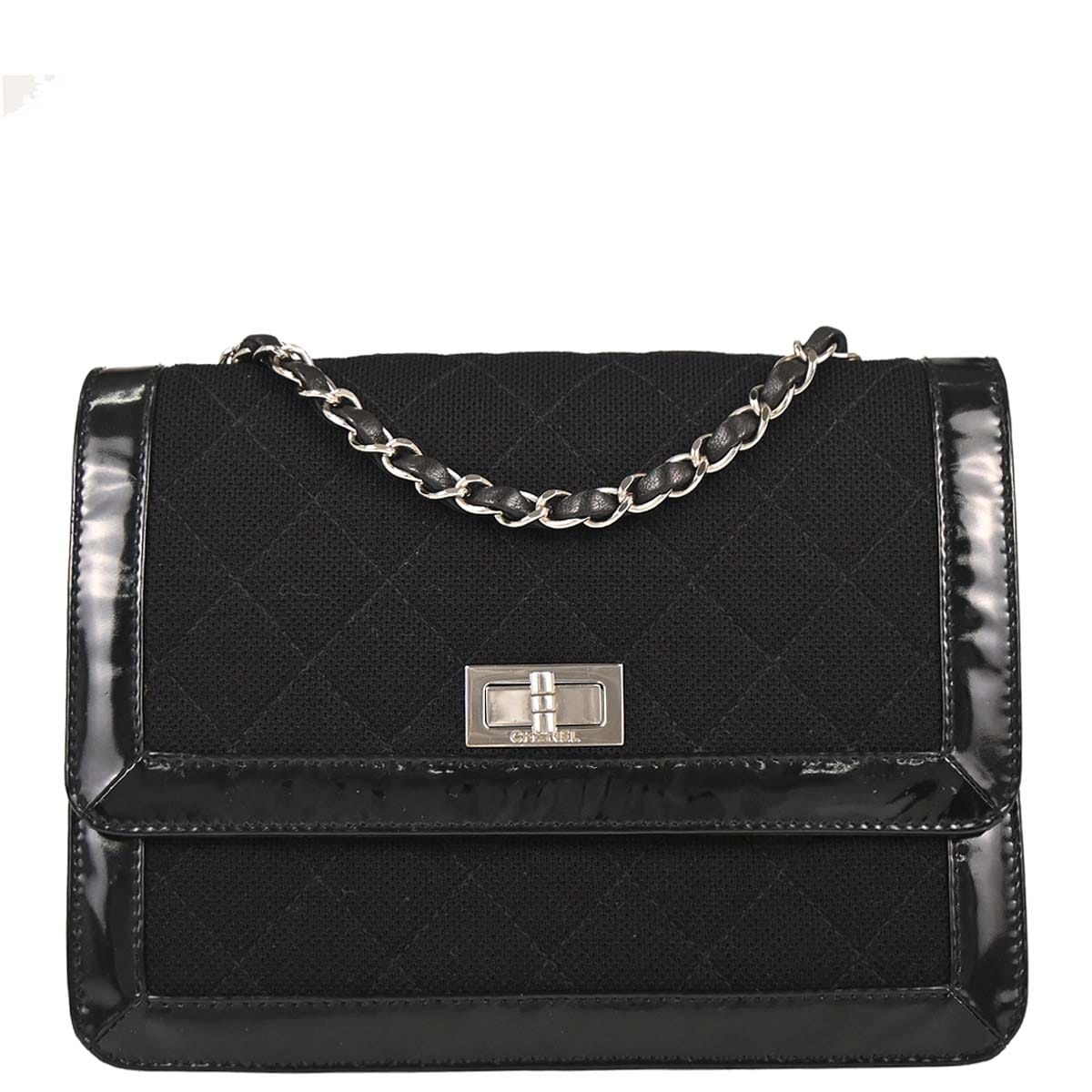 Chanel 2000 - 2001 Black Canvas Patent Leather Mademoiselle Lock Shoulder Bag